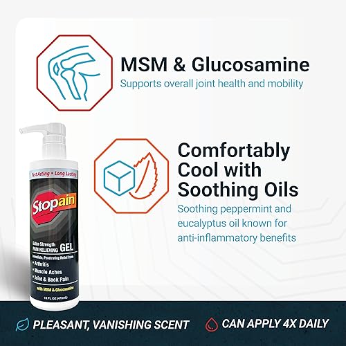 Miniatura 5 de Stopain Gel para aliviar el dolor de 16 onzas, fabricado en Estados Unidos, máxima fuerza de acción rápida con mentol, MSM, glucosamina para dolor