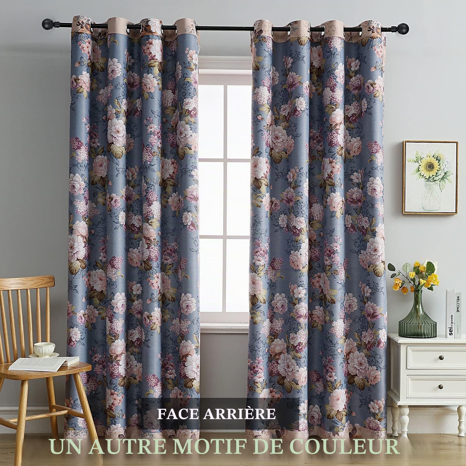 SUOUO Rideaux occultants Double Face à Motif Floral Vintage pour Chambre à Coucher, 2 Panneaux de 213 cm de Long, Isolation Thermique, Rideaux de fenêtre occultants pour Salon