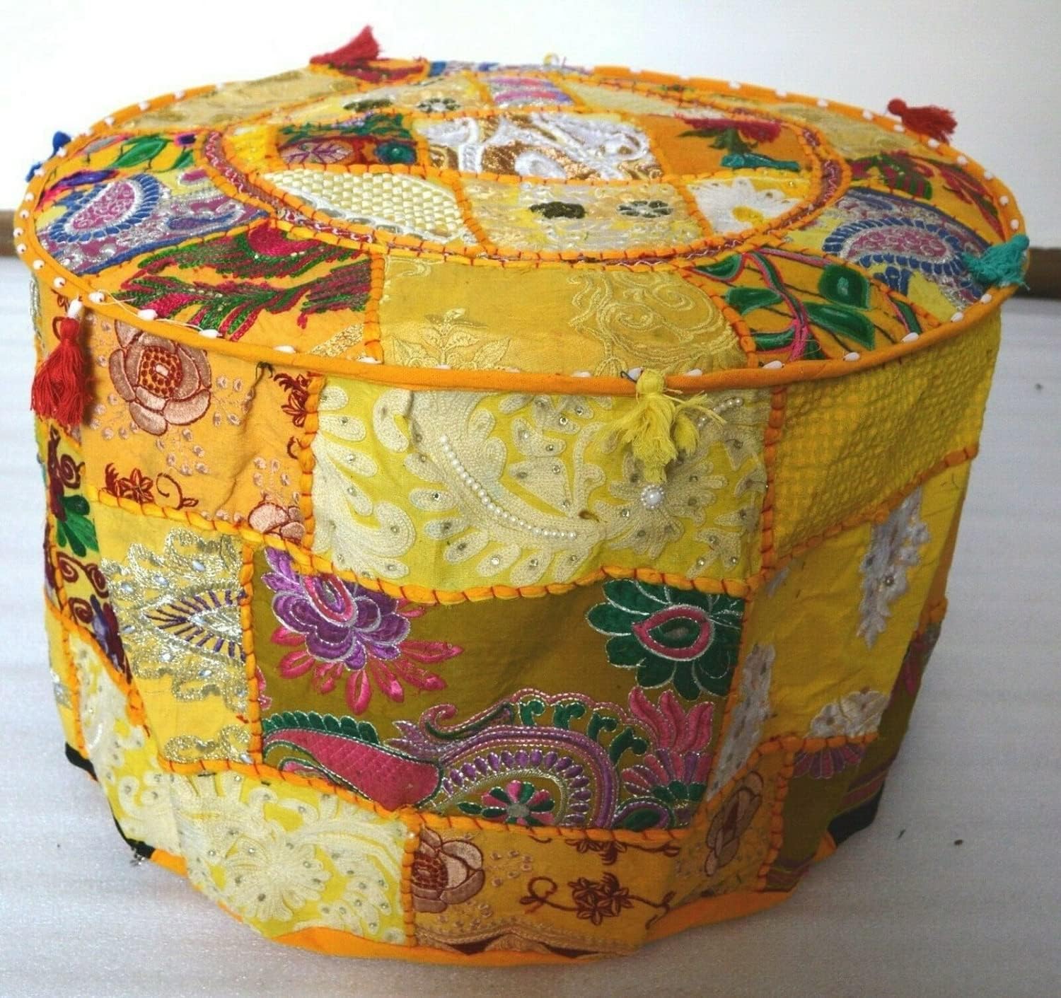 Indian Bohemian Patchwork Pouf Cover Ottoman Ethnic Decor Pouffe Foot Stool (22 x 22 x 14 Inch)