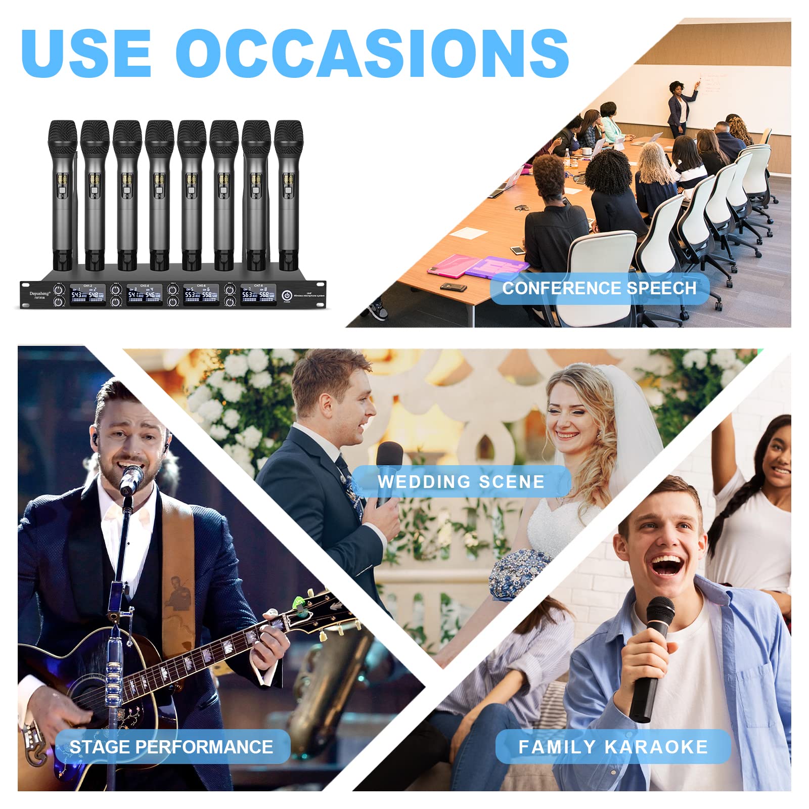 Depusheng DF208 UHF microfoni senza fili, sistema di microfono portatile dinamico professionale a 8 canali, alloggiamento in metallo, adatto per palcoscenico, conferenza