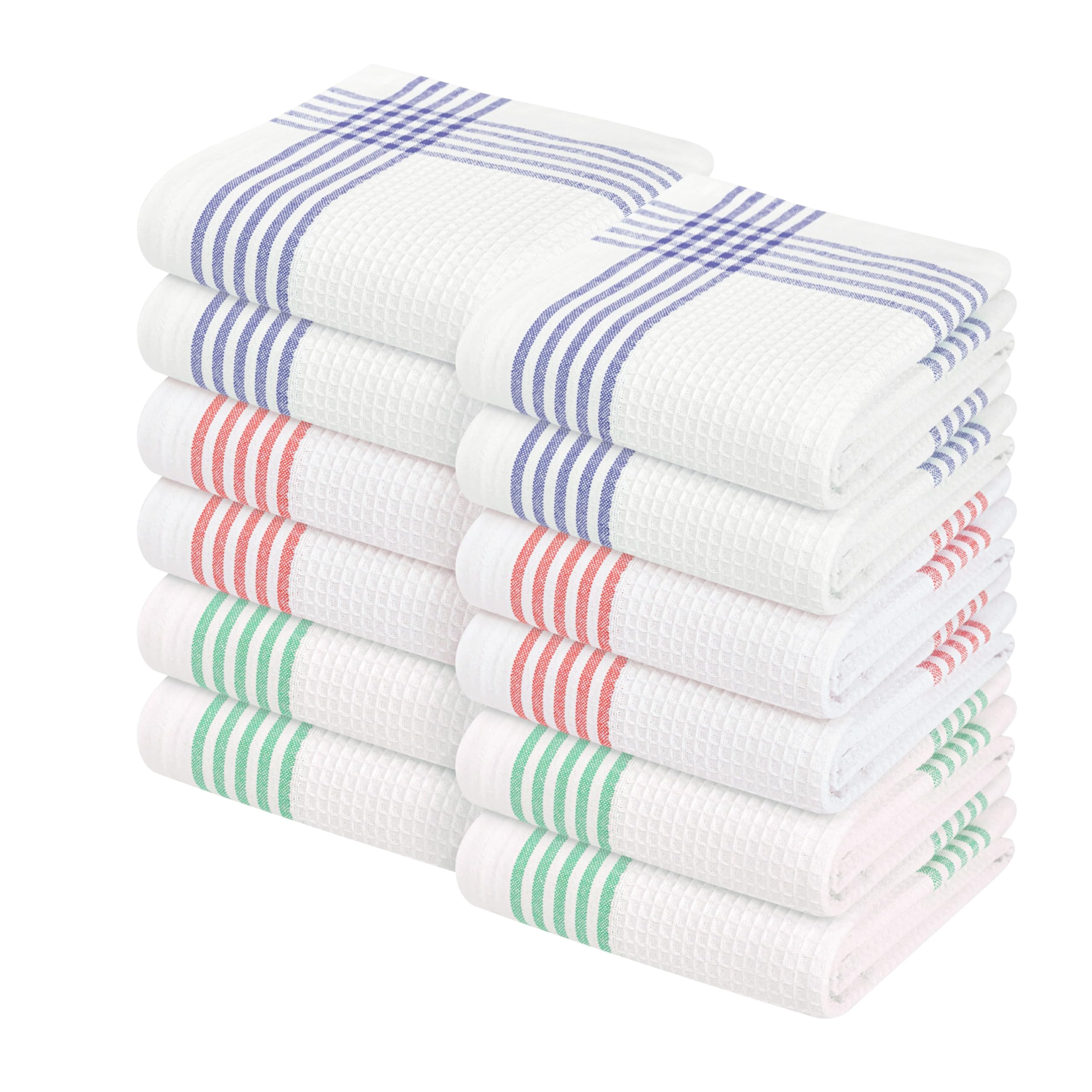 Waffle White &amp; Multi Colors Kitchen Towels Set of 12, 100% Cotton, 16x26 inches, Durable Dish Towel, Quick Dry Dishcloths, Ideal for Drying, Wiping - Indigo Blue, Red, Dark Green