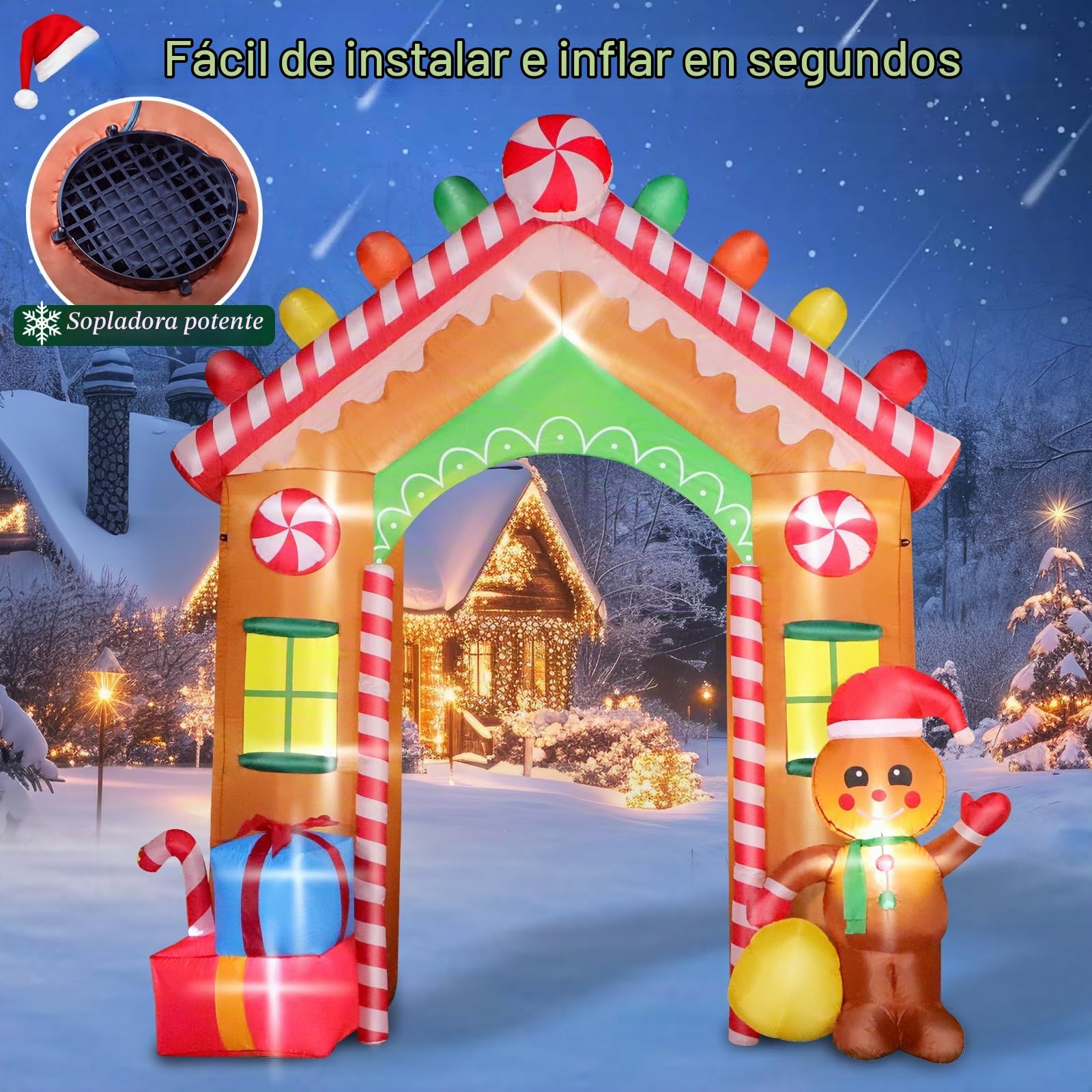 9FT Arco de Navidad Inflable, Decoración Navideñas Inflables Hombre de Jengibre, 270CM Navideña Decoración con Luces LED, Iluminación Navideña Exteriores, Porche, Hogar, Patio, Césped, Jardín, Fiestas