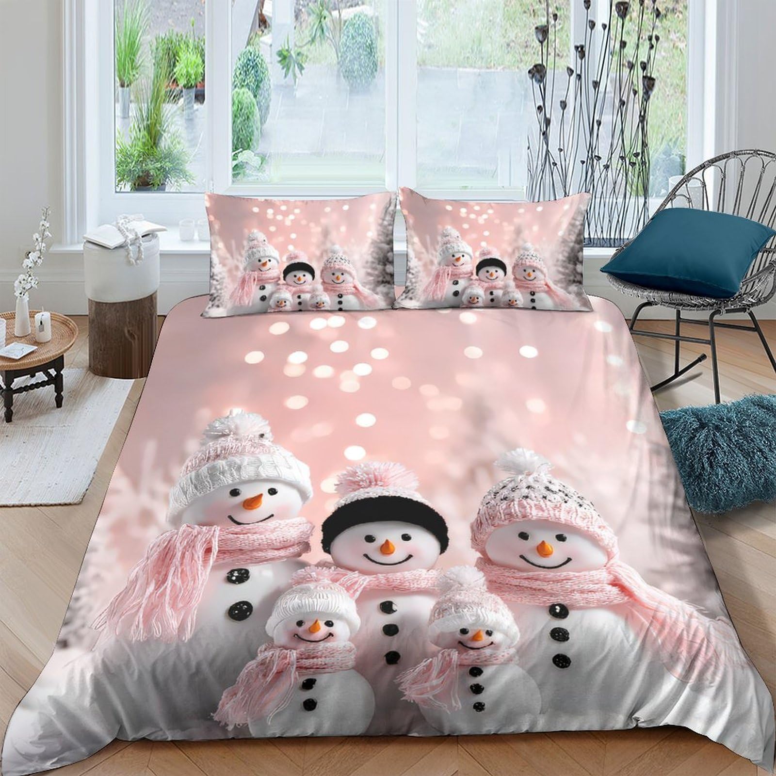 Ctjqhvkz Style-10 3D Printed Snowman Family Fitted Sheet Microfiber Soft Pink Winter Scene Mattress Cover For Bedroom Dorm Decor Single（135X200cm）