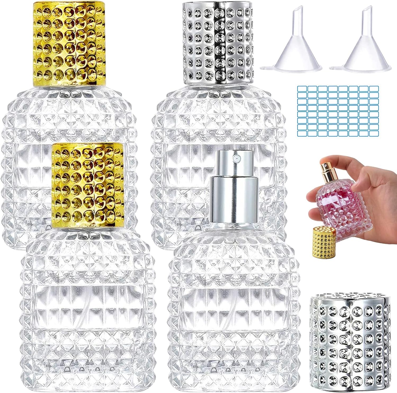 GZLFH® 4 botellas de perfume atomizador 30 ml cristal frasco arte piña perfume frasco con 2 embudos 64 etiquetas para viajes mujeres niñas (oro plata)