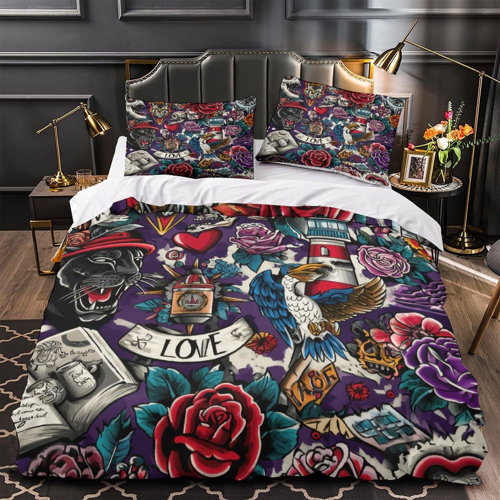 Housse de couette microfibre 3d lit double motif tatouage vintage
