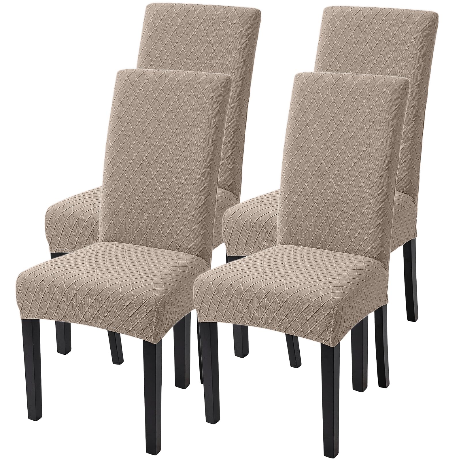 SearchI Jacquard Dining Room Chair Covers Set of 4, Stretch Kitchen Chair Covers Washable Parsons Chair Slipcover Removable Dining Chair Protectors for Hotel,Ceremony(Khaki Jacquard)