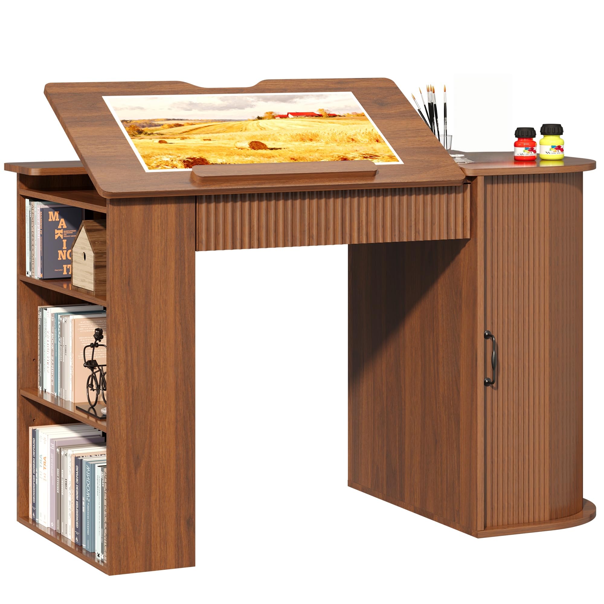 Mesa de Dibujo inclinable con cajones y almacenaje, Efecto Madera