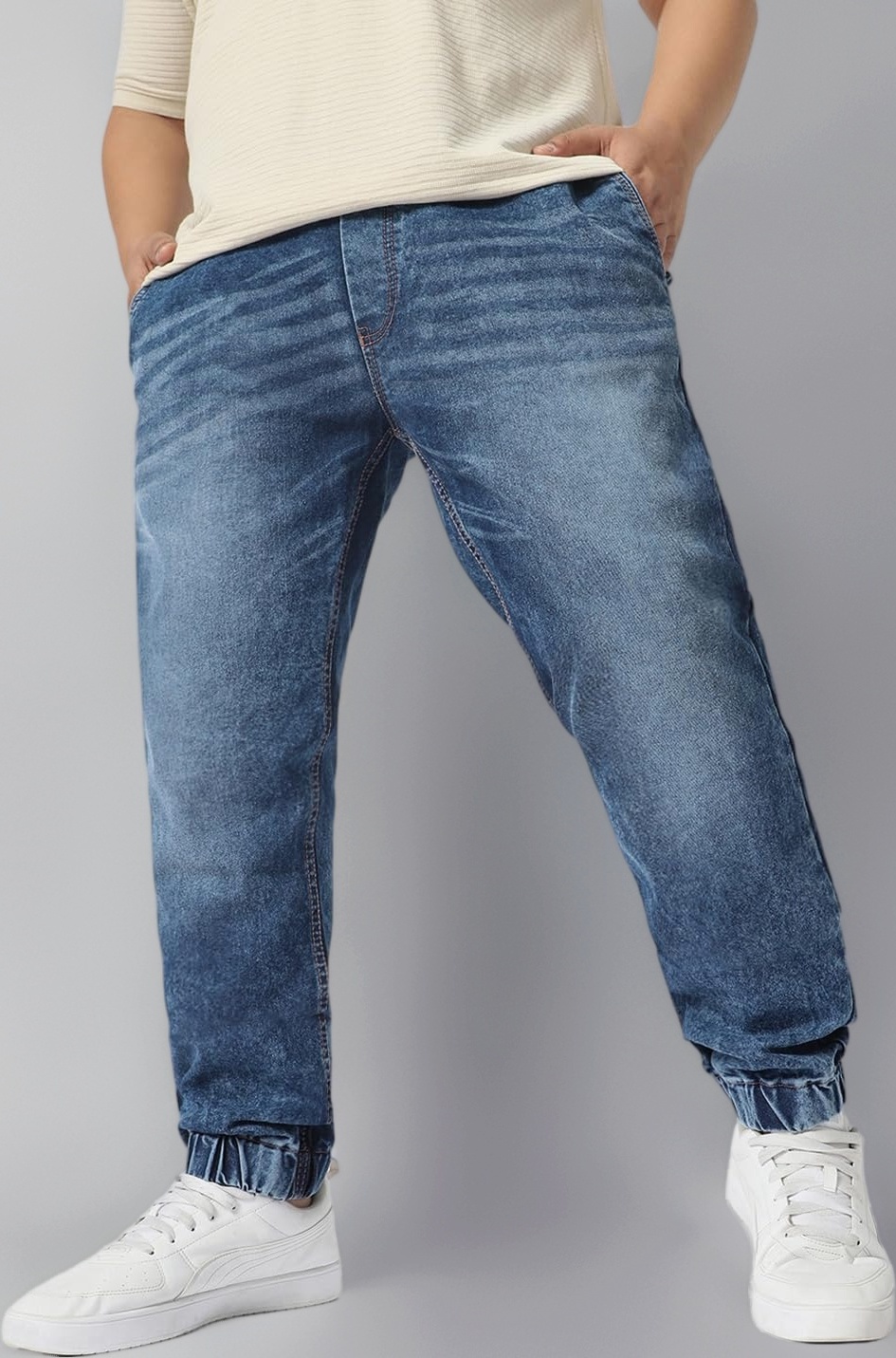 Men's Regular Fit Mid Rise Washed Jogger Jeans Stretchable
