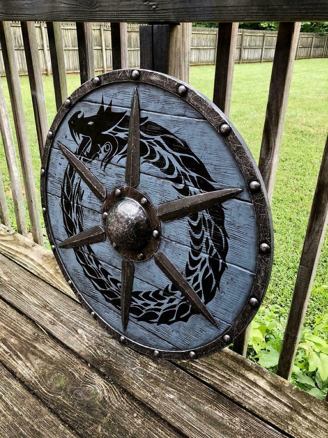 Bouclier viking médiéval Ouroboros Battleworn 61 cm acier bois bleu ciel Medium
