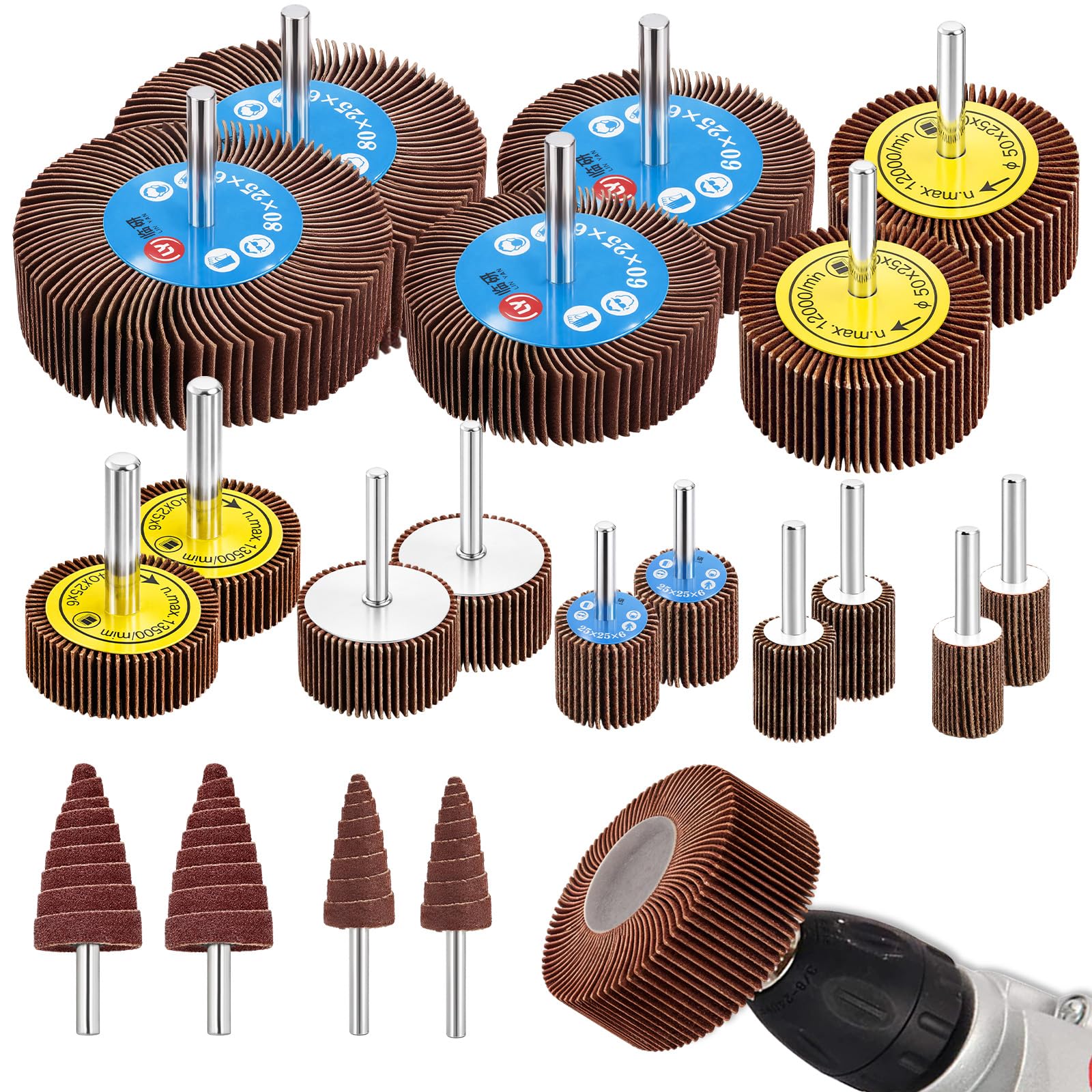 Fächerschleifer Set 80 Körnung Lamellenschleifer Schleifaufsatz - 20 Stück, 6MM Stift Korn 8 verschiedene Durchmesser 80/60/50/40/30/25/20/16MM für Bohrmaschine, Akkuschrauber, Geradschleifer