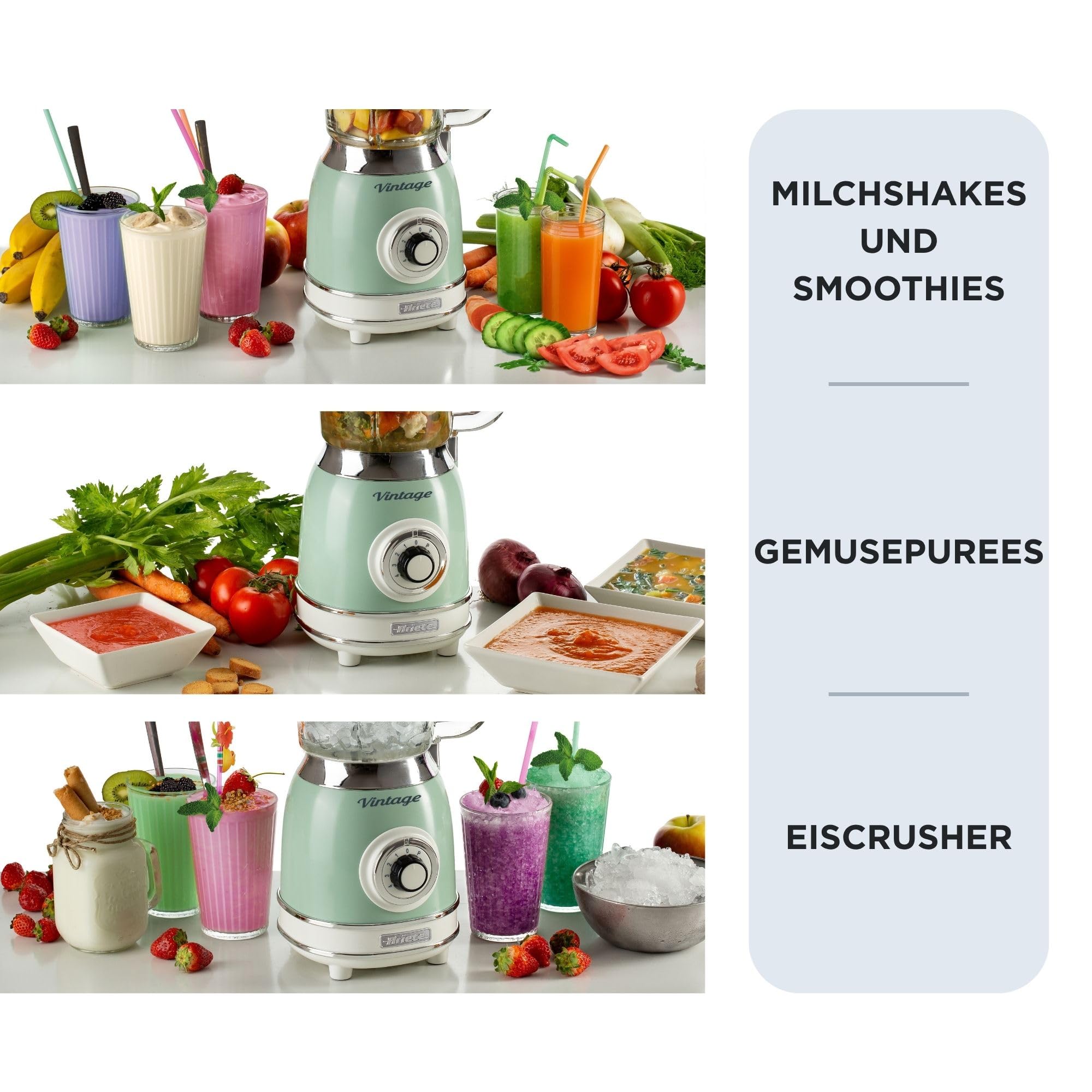 Ariete Vintage 583 Mixer aus Glas, Retro Multifunktionsmixer mit 4 Klingen, 4 Geschwindigkeiten + Pulse-Funktion, Ice-Crusher Funktion, 1,5 Liter Fassungsvermögen, 1000W, Grün