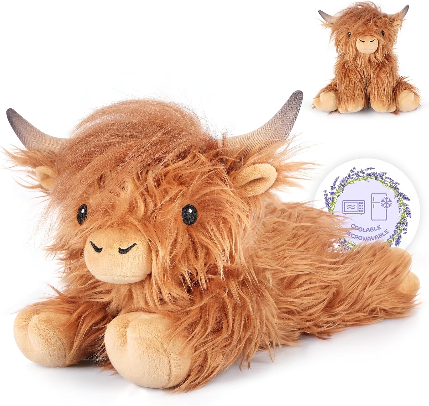 Heatable & Coolable Highland Cow Stuffed Animal, Microwavable Stuffed Animals Heating Pad for Period DIscomfort, Cuddly Cattle Stuffed Animal for Warmth & Comfort, Highland Cow Gifts for kid