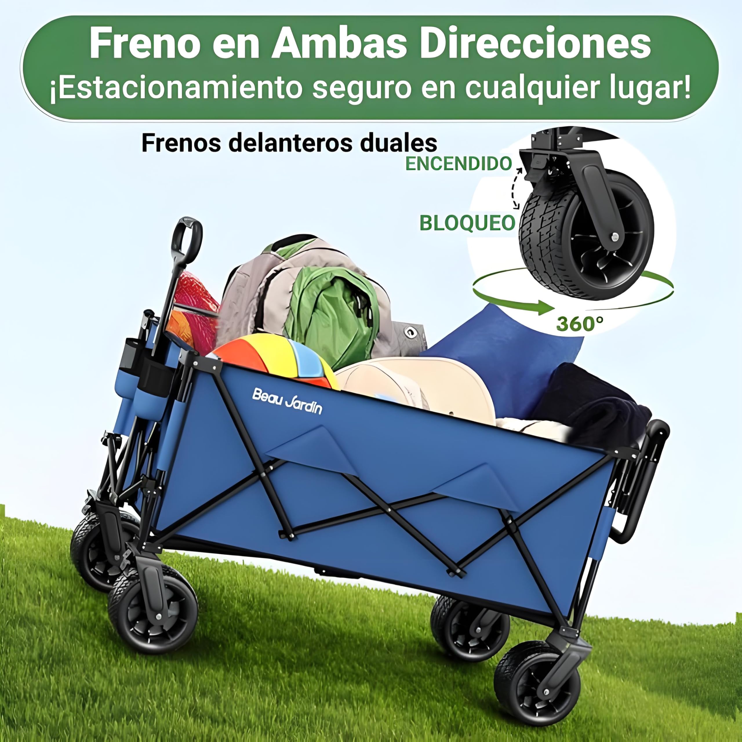 BEAU JARDIN XXL Carro Plegable Todo Terreno 300L 250KG con 4 Ruedas Giratorias, Carrito de Playa y Camping con Asa Retráctil, Azul