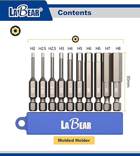 Miniatura 2 de LABEAR - Juego de brocas hexagonales métricas para taladroconductor, juego de puntas de destornillador Allen de cabeza hexagonal de 10 piezas,