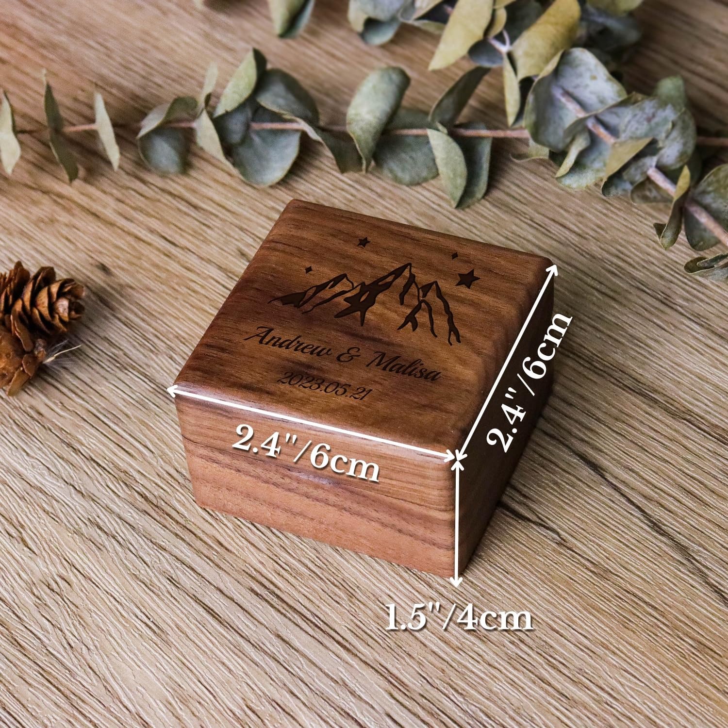 BOWIPOR Wooden Double Ring Box - Personalized Engraved Wedding & Engagement Ring Holder, Walnut With Velvet Lining - View #2