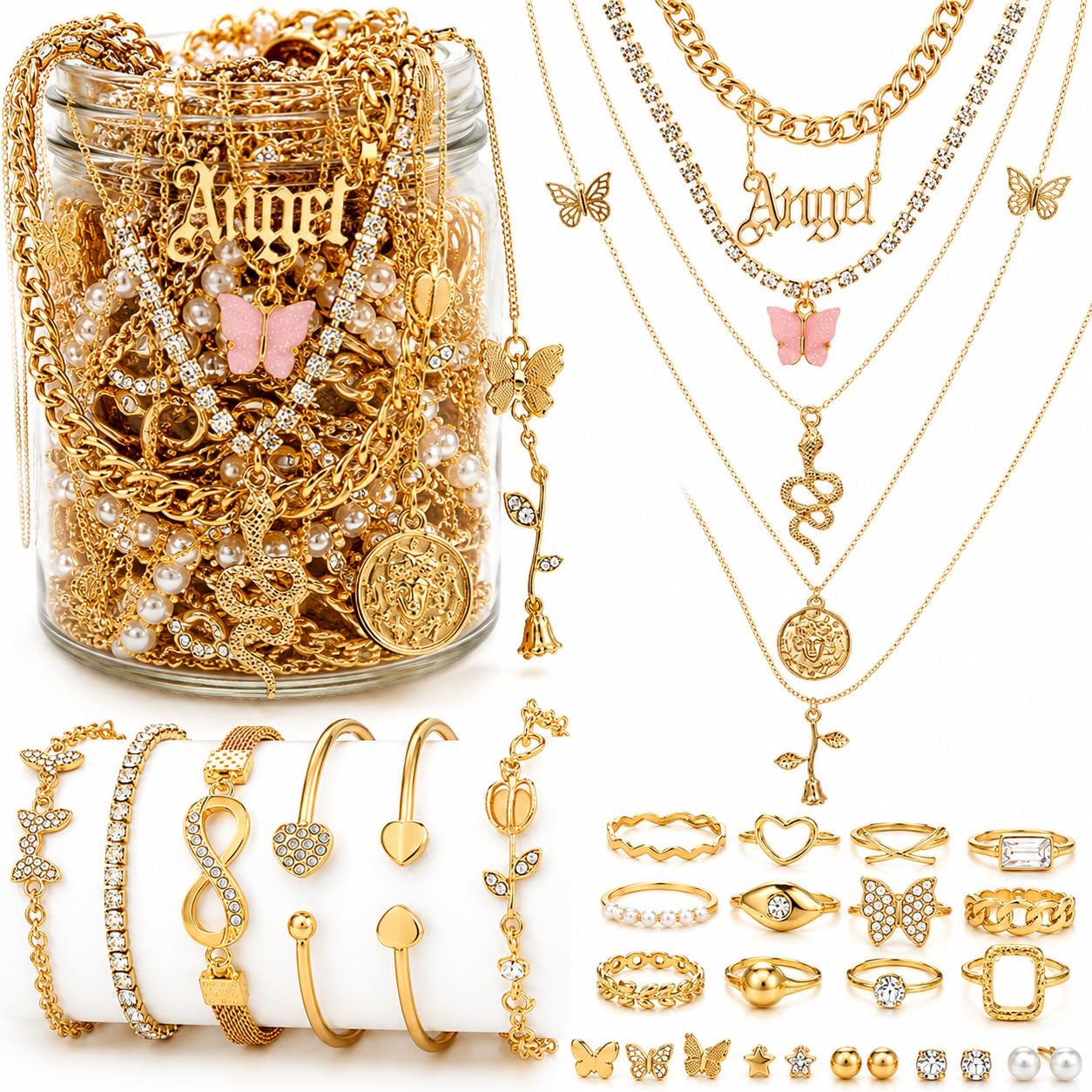 Mystery Jewelry Jar Bundle – 88 + Pieces Surprise Jewelry Box for Women Gift Set (earrings - rings - necklace - bracelet - bangles - anklets - waist chain - Toe rings - choker necklace for women-image-17