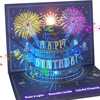 MZD8391 UPGRADED 3D Pop Up Firework Birthday Cards, Musical & LED Lights Birthday Cards with Blowable Birthday Cake, Greeting Cards, Birthday Gifts for Mom Women Men Kids Child Dad Father Wife