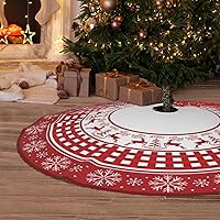 Vista 9 de Falda de Árbol de Navidad, Faldas de Árbol Rojas de 48 Pulgadas con Copo de Nieve y Reno Rústico de Granja Navideña, Falda de Árbol de Navidad