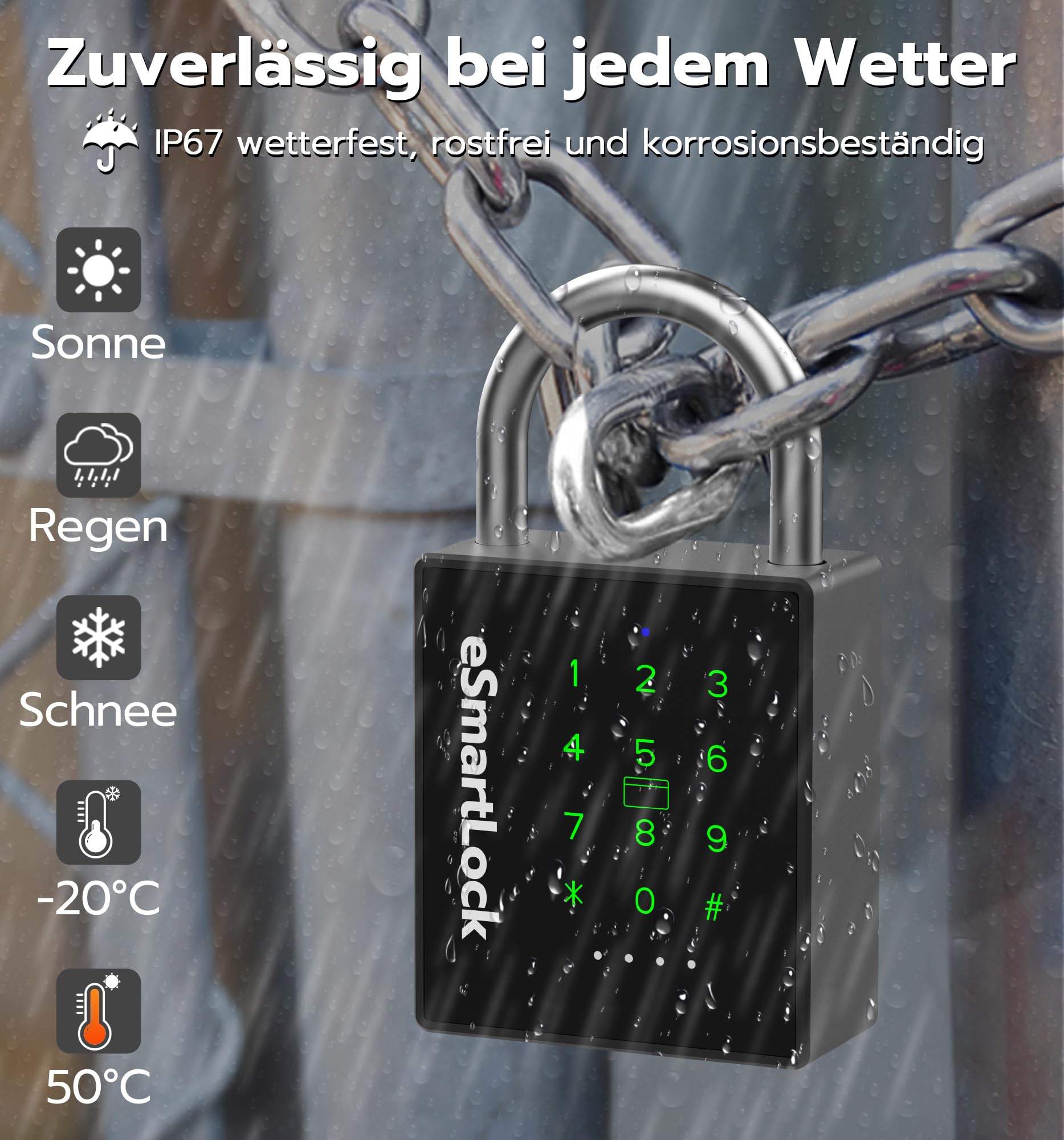 Smart Zahlenschloss Vorhängeschloss, Wetterfestes Vorhängeschloss Groß mit Schlüssel, Bluetooth Schloss mit Zahlencode RFID, IP68 Elektrisch Intelligentes Lock für Tür Garten Spind Keller