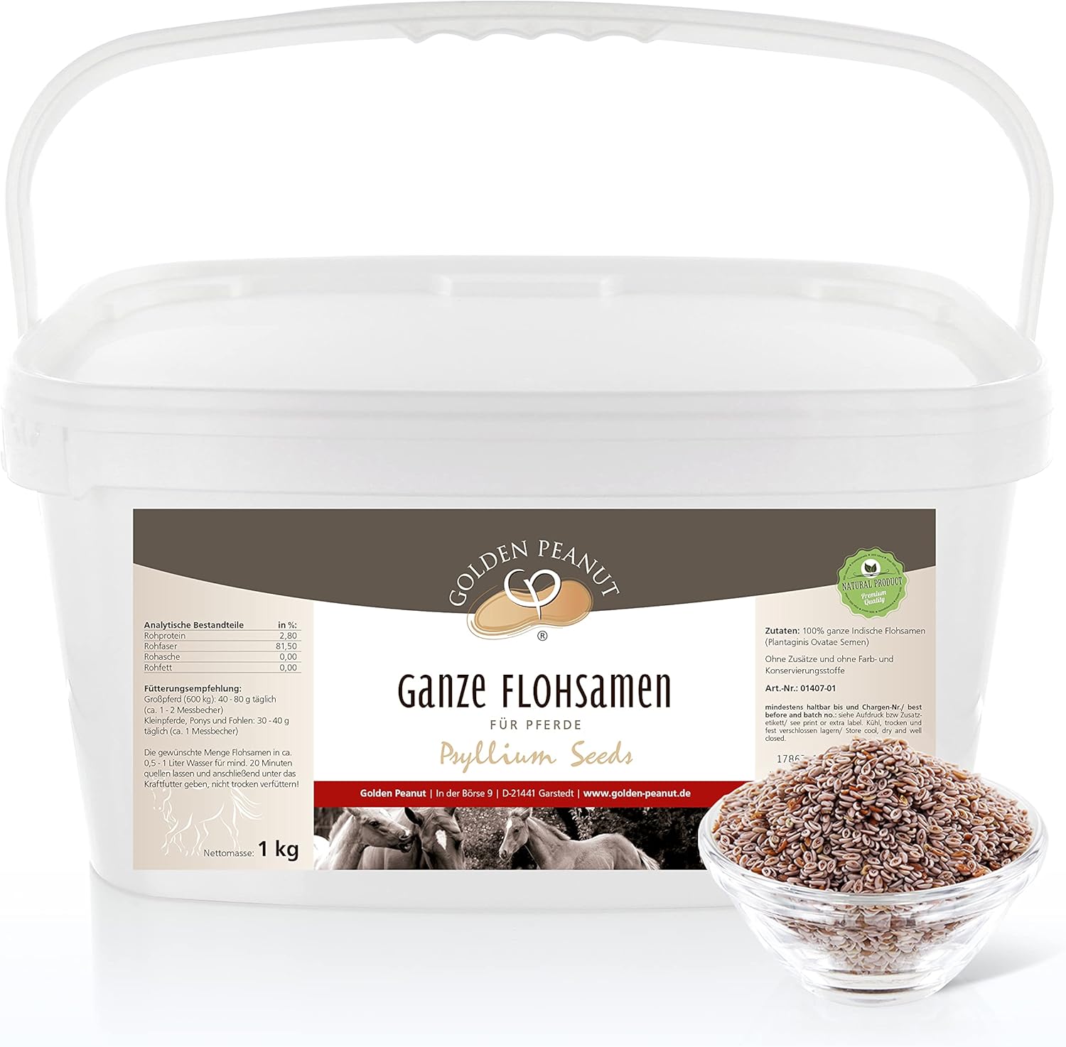 GOLDEN PEANUT Ganze Flohsamen 99% Reinheit für Pferde 1 Kg Eimer ...