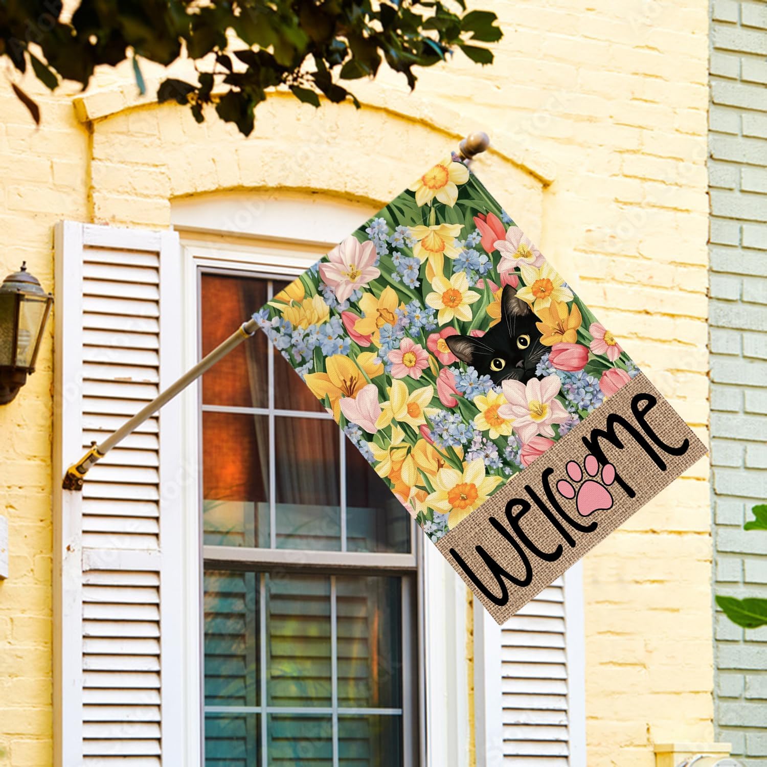 AVOIN colorlife Spring Floral House Flag 28x40 Inch Double Sided Outside, Black Cat Welcome Seasonal Yard Outdoor Flag - Image 2