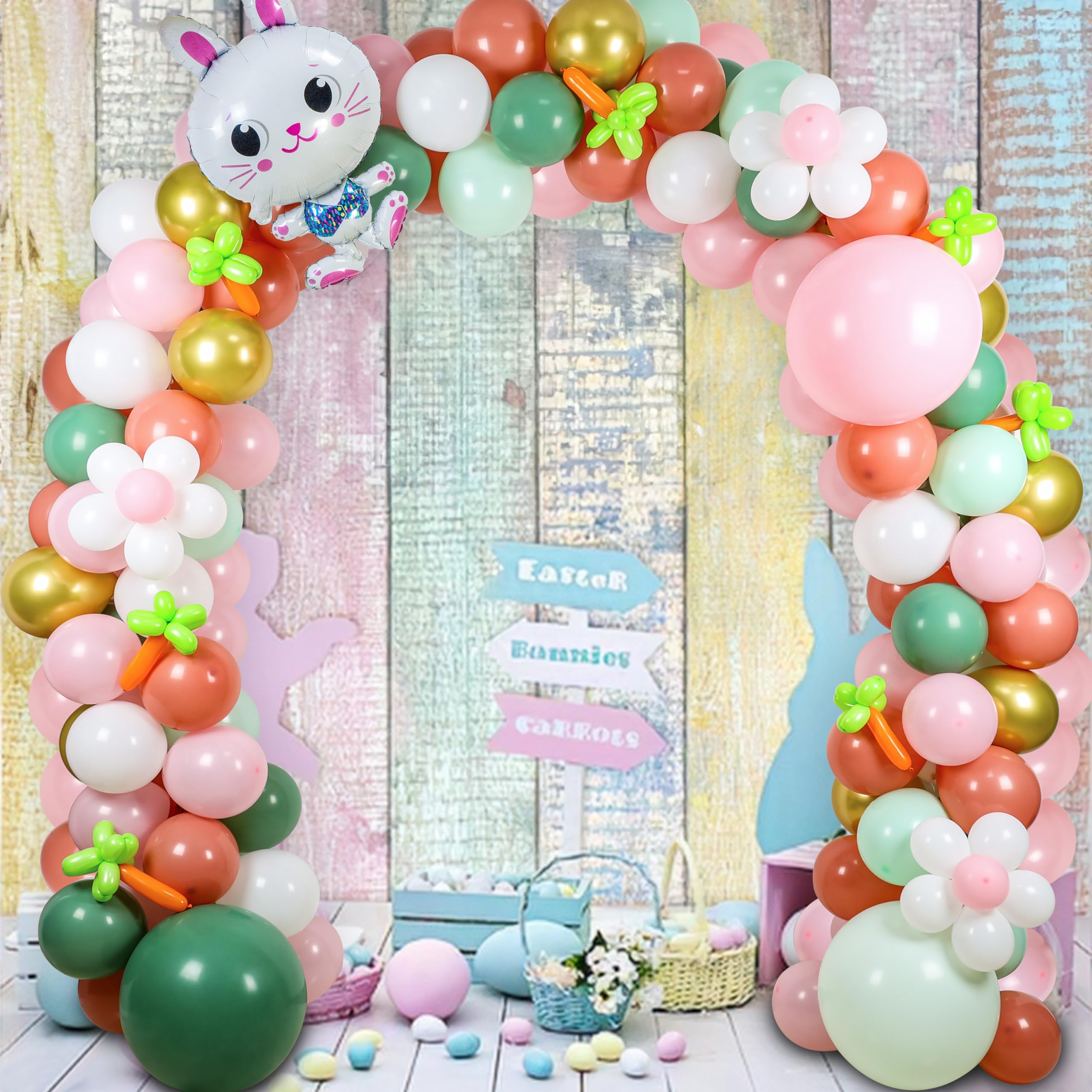 Photo 1 of Happy Easter Balloon Garland Arch Kit, 149pcs Pink Green White Balloons with Rabbit Carrot Balloons for Easter Party Decorations Baby Shower Girls Birthday Party Supplies
