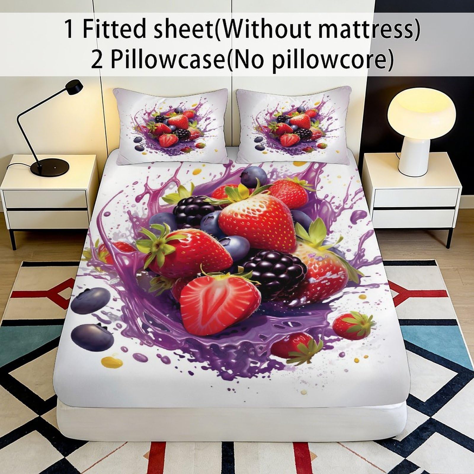Lenzuolo con angoli con stampa 3D, motivo bacche, in microfibra, antiscivolo | morbido, coprimaterasso, facile da pulire, traspirante, lavabile in lavatrice, 180 x 200 x 25 cm