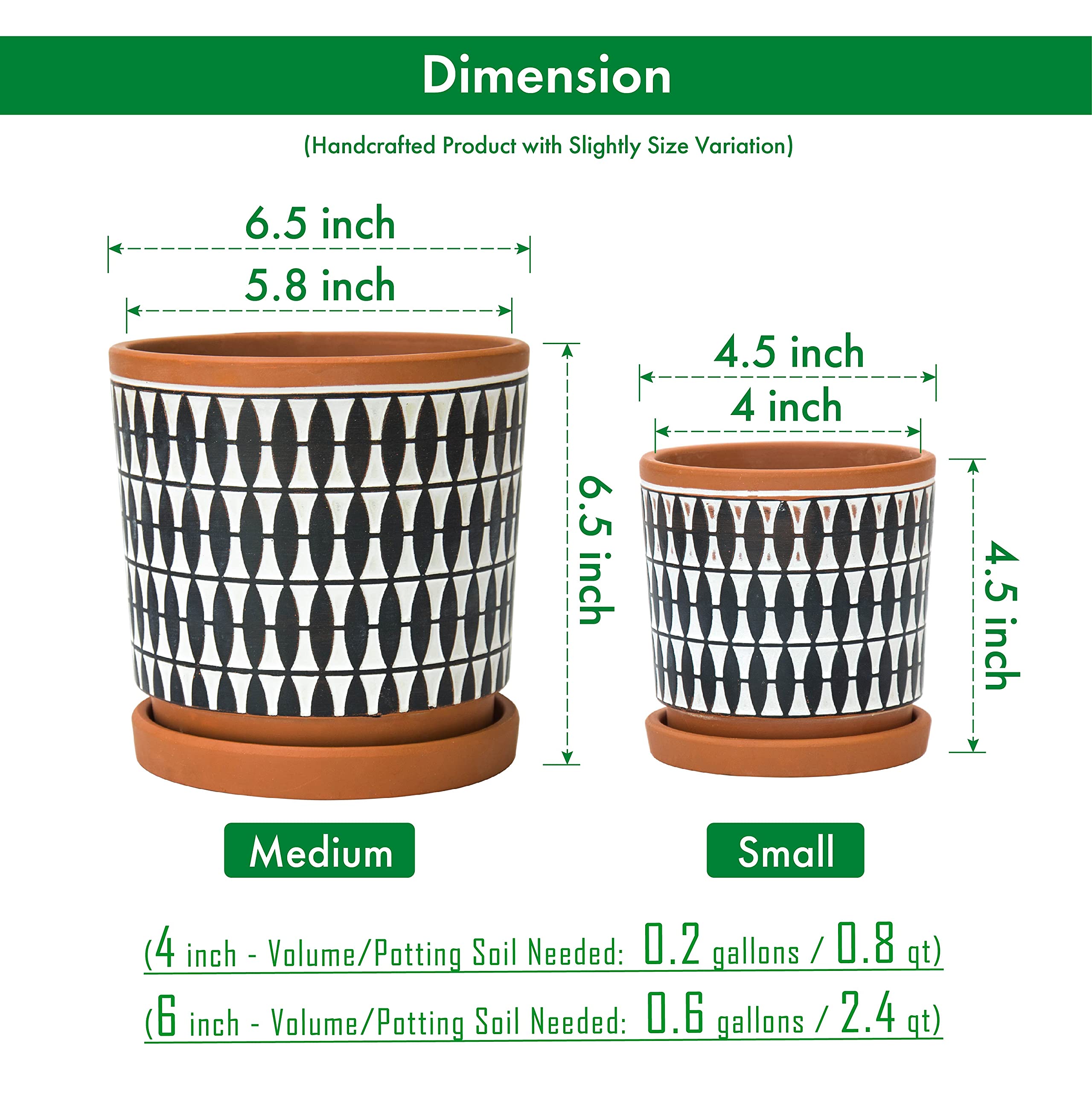 Set Mit 2 Terracotta-Töpfen – 16,5 Cm & 21,6 Cm, Mit Drainagelöchern & Untersetzern, Terrakotta/schwarz