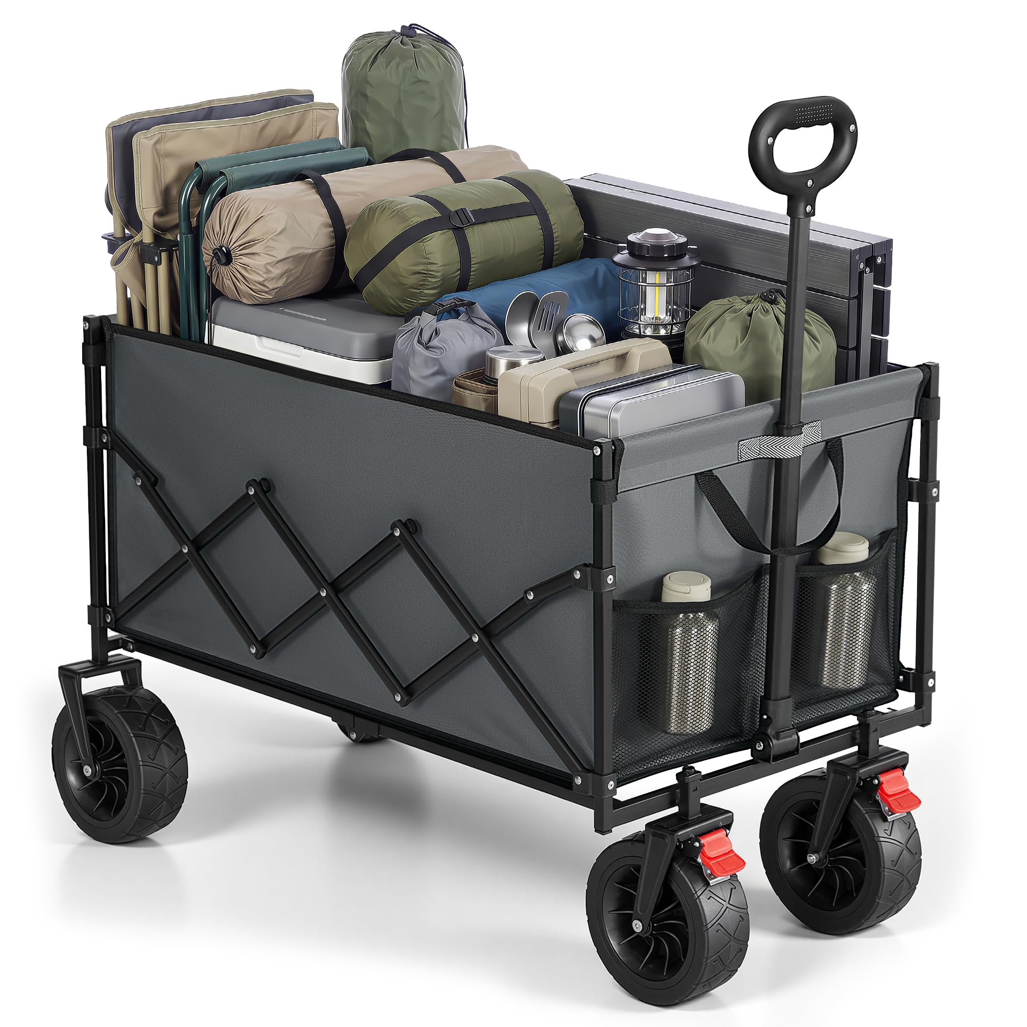 SONGMICS Festival Trolley on Wheels, Foldable Camping Cart, Pull Garden Wagon, Adjustable Handle, 4 Reinforced Wheels, Outdoor, Yard, Garden, Loads Up to 180 kg, 200 L, Dove Grey GFW201G101