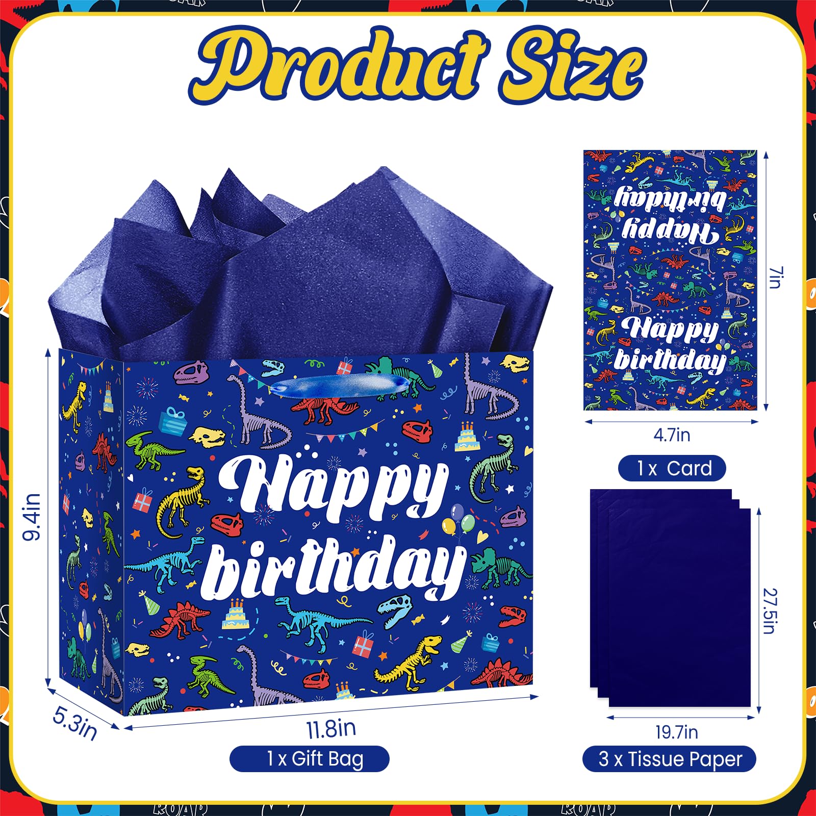 LUUFILx Dinosaur Happy Birthday Gift Bag for Boys Girls Dinosaur Wrapping Paper with Tissue Paper Greeting Card Blue Dinosaur Design Wrap Bag for Bday Baby Shower Party Decoration Supplies