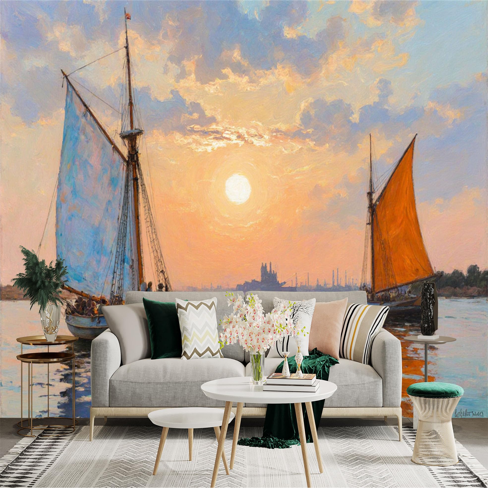 Lnzczhyre Xc260505818 Custom Size Wall Sticker Mural， Sailboats On Calm Ocean At Sunset， Golden Sky With Reflections， Nautical Sea Scenery， For Wall Decoration， Peelandstick Wall Decals.