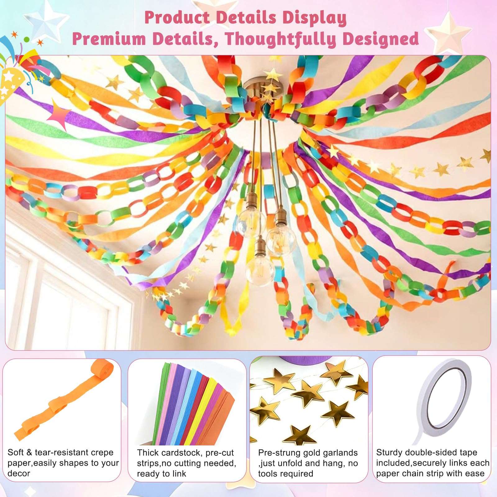 Juego de guirnalda de cadena de papel pastel todo en uno con 300 tiras de cadena de papel + 6 rollos de serpentinas de crepé coloridas + 6 guirnaldas de estrellas doradas, sin herramientas, fácil