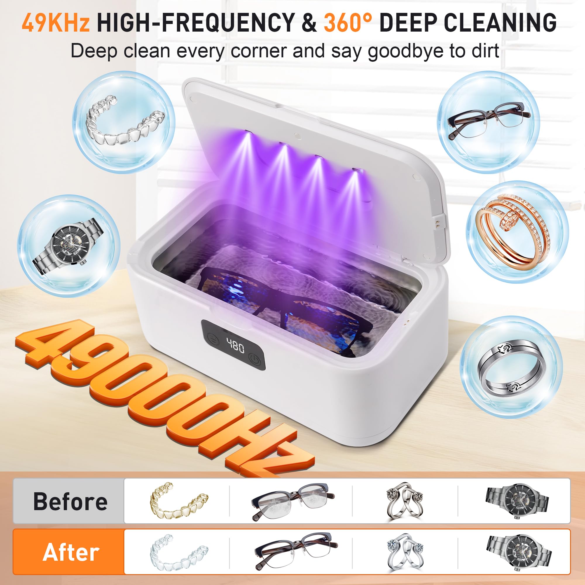 Pulitore Ultrasuoni Gioielli Occhiali - 49000Hz | 800ML | Lampada UV Ultrasonic Cleaner con 5 Timer Digitale - Ultrasonic Cleaning Machine per Apparecchio Denti Anelli Collane