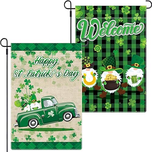 2 banderas de jardín del Día de San Patricio de 18 x 12 pulgadas, bandera de bienvenida del día de San Patricio, gnomo irlandés de trébol, bandera