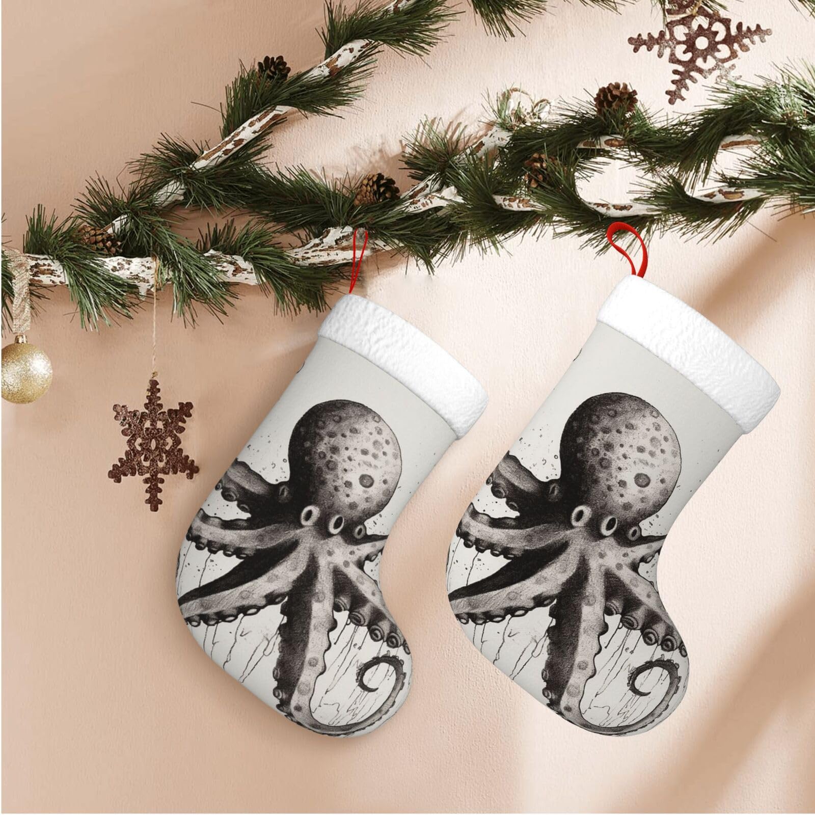 17.7" Christmas Stocking 1 Piece, Octopus Xmas Stockings with White Plush Cuff Fireplace Hanging Stocking for Christmas Holiday Party Decoration