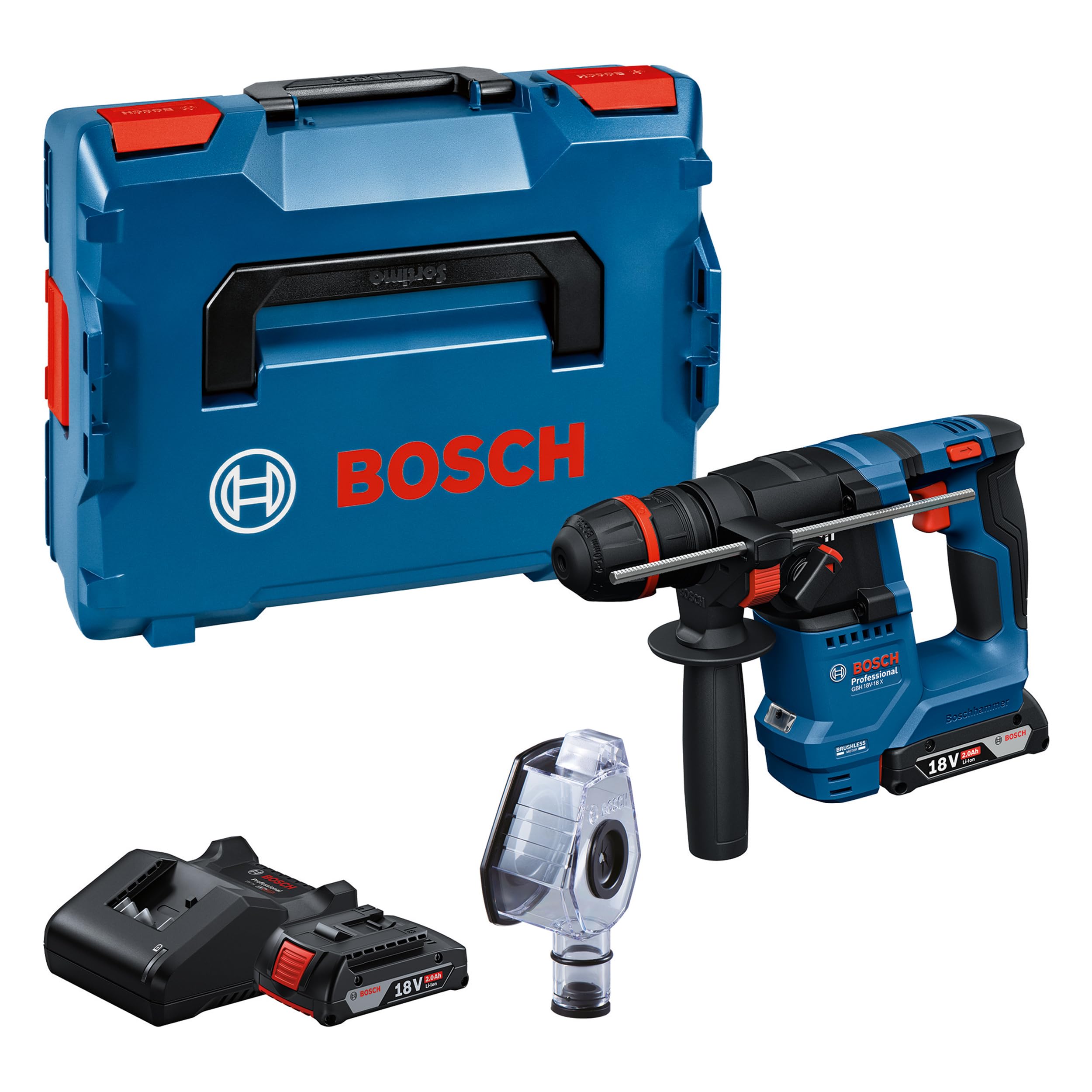 Bosch Professional 18V System battery-powered hammer drill GBH 18V-18 X (ONECHUCK, incl. 2x 18V 2.0Ah, GAL 18V-40, GDE 24)