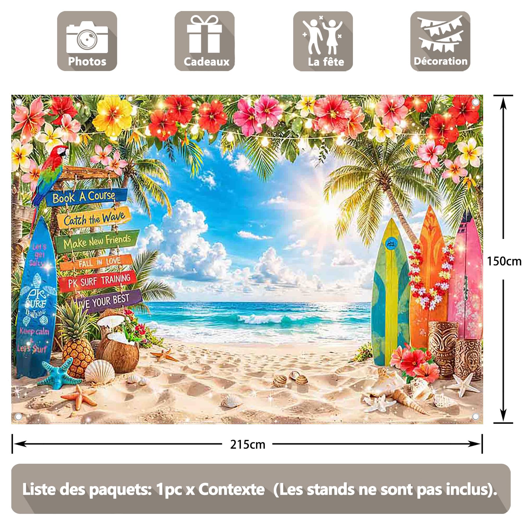 Luminora 2,1x1,5 m Toile de Fond Plage Hawaïenne d’Été, Soleil Tropical Palmiers Fleurs Bord de Mer, Tapisserie Murale Bannière de Fête de Vacances Décorations Accessoires de Photobooth - 3