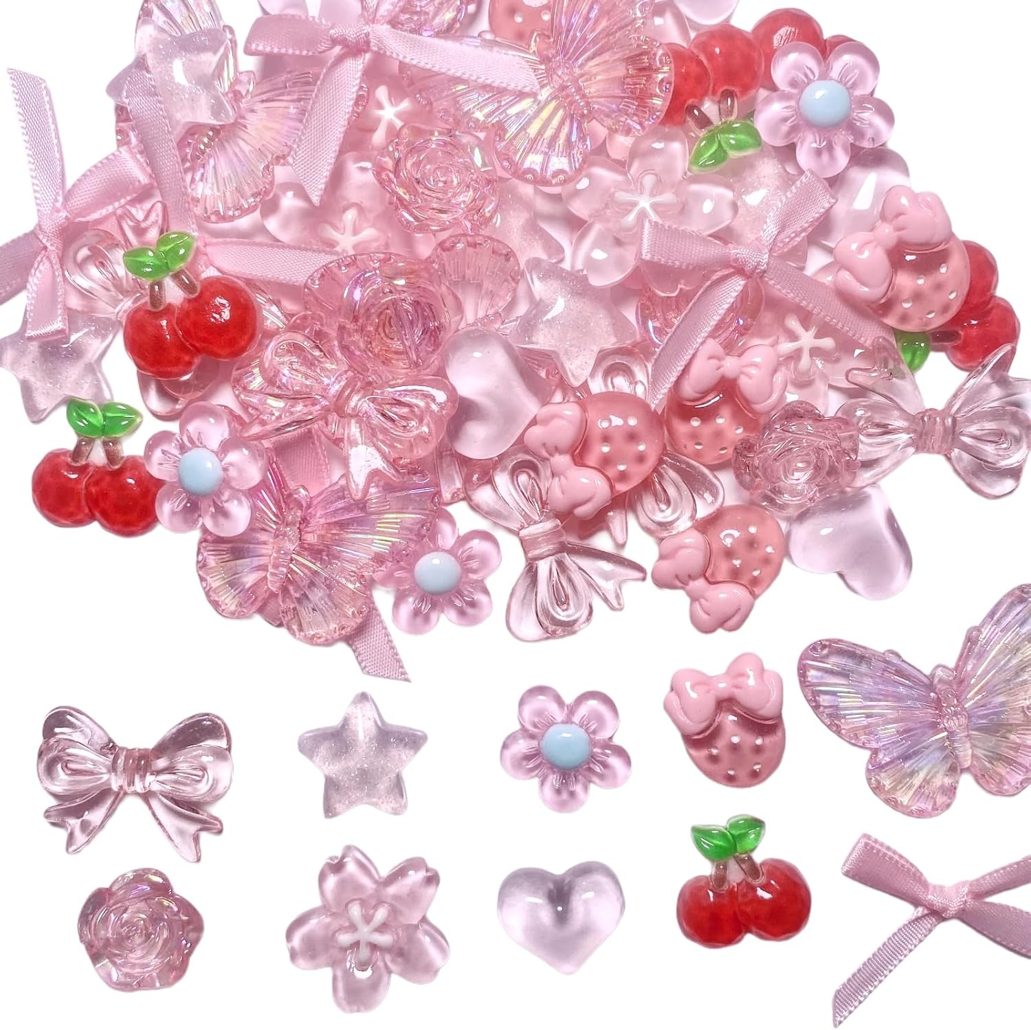 TIAMECH 60 Pcs Pink Assorted Junk Case Charms, Cute Y2K Girly Heart Bow Flower Resin Charms Kit, 3D Pink Phone Case Slime Decoden Flatback Charm for Crafting DIY Decoration - Image 2