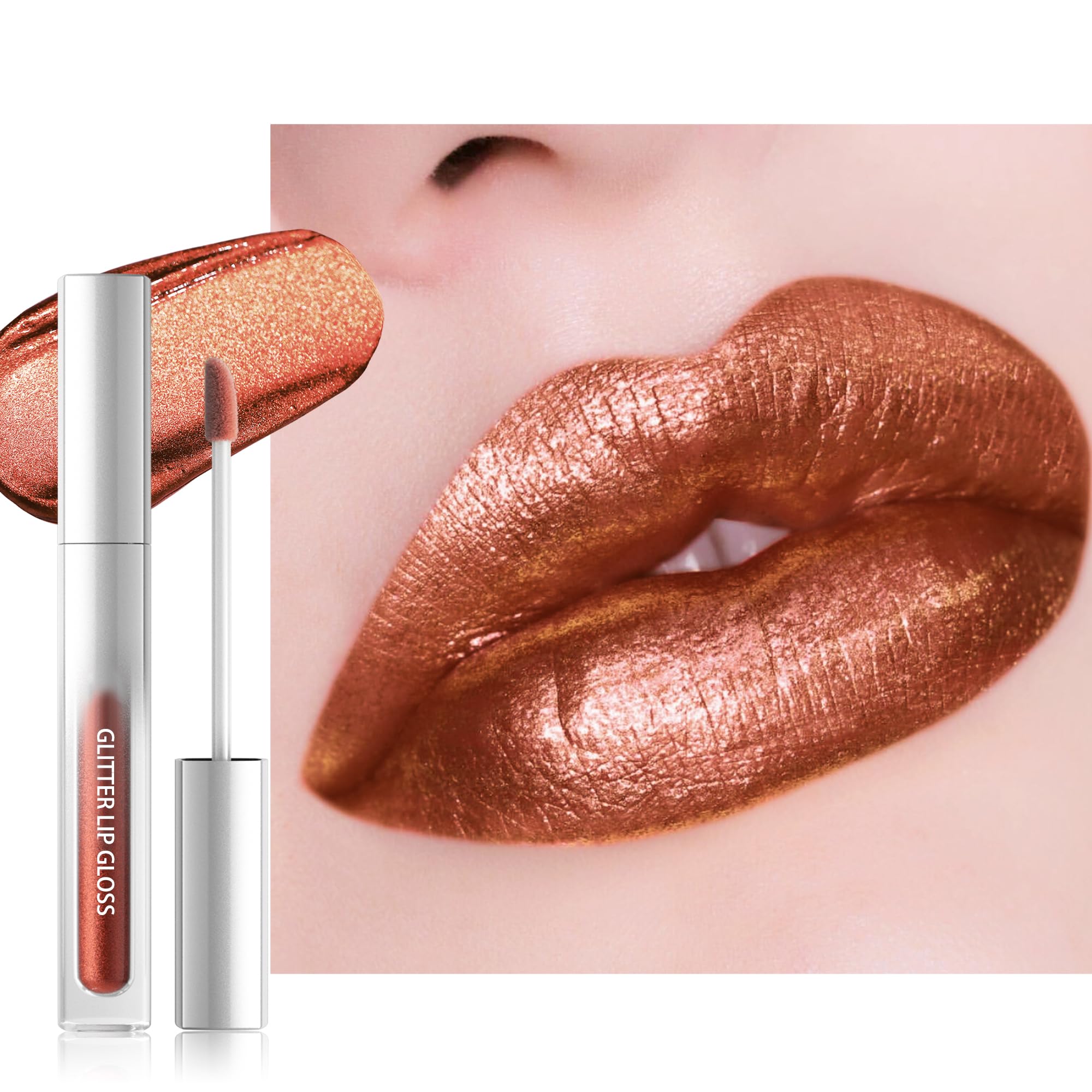 Gold Brown Metallic Glitter Lipstick, Frosted Shimmer Lip Gloss for Women 05# Gold Brown