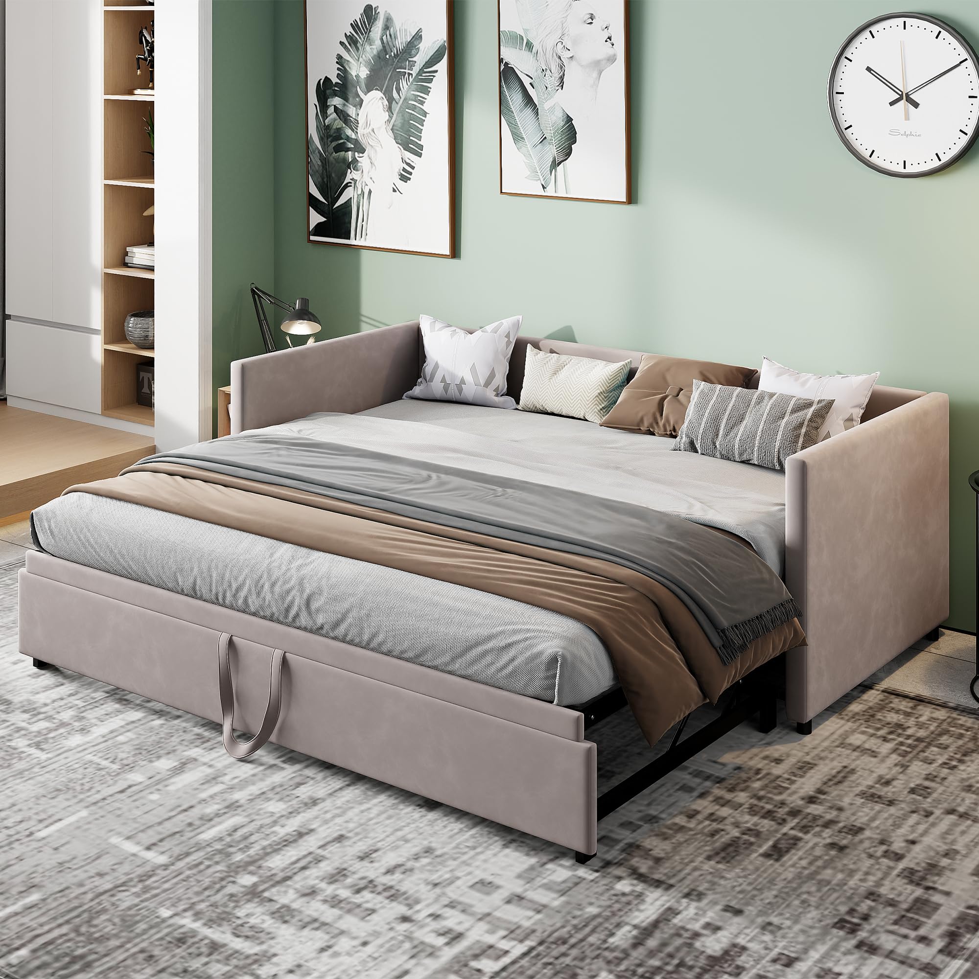 Tagesbett Ausziehbar 90/180x200 cm,Schlafcouch Polsterbett Ausziehbar mit Gästebett,Samtstoff Bett Ausziehbar zum Doppelbett,Schlafsofa für Erwachsene 2 Personen,ohne Matratze,Grau