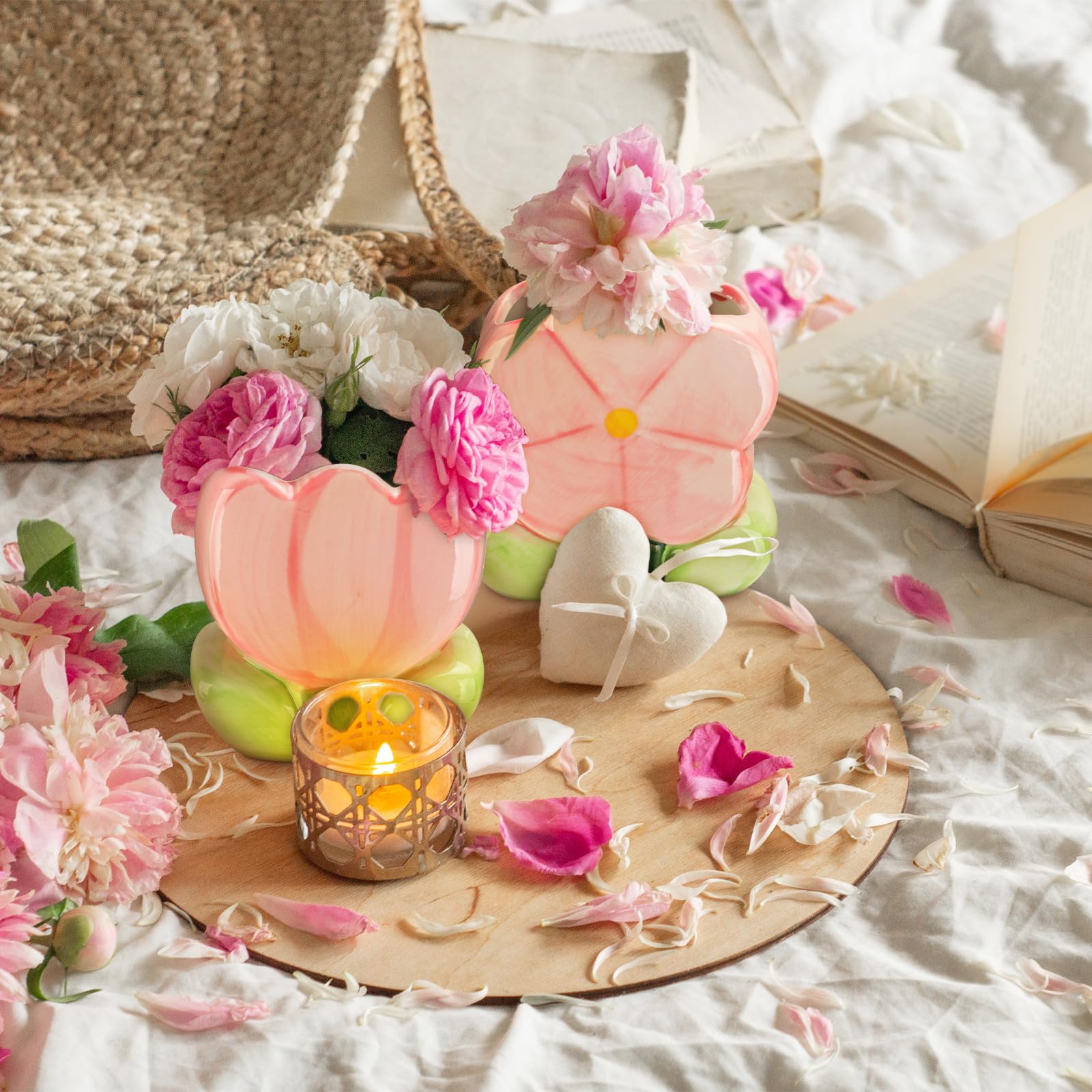 Amazon.com : Ninehaoou 2 Pcs Pink Flower Ceramic Pen Holder Cute