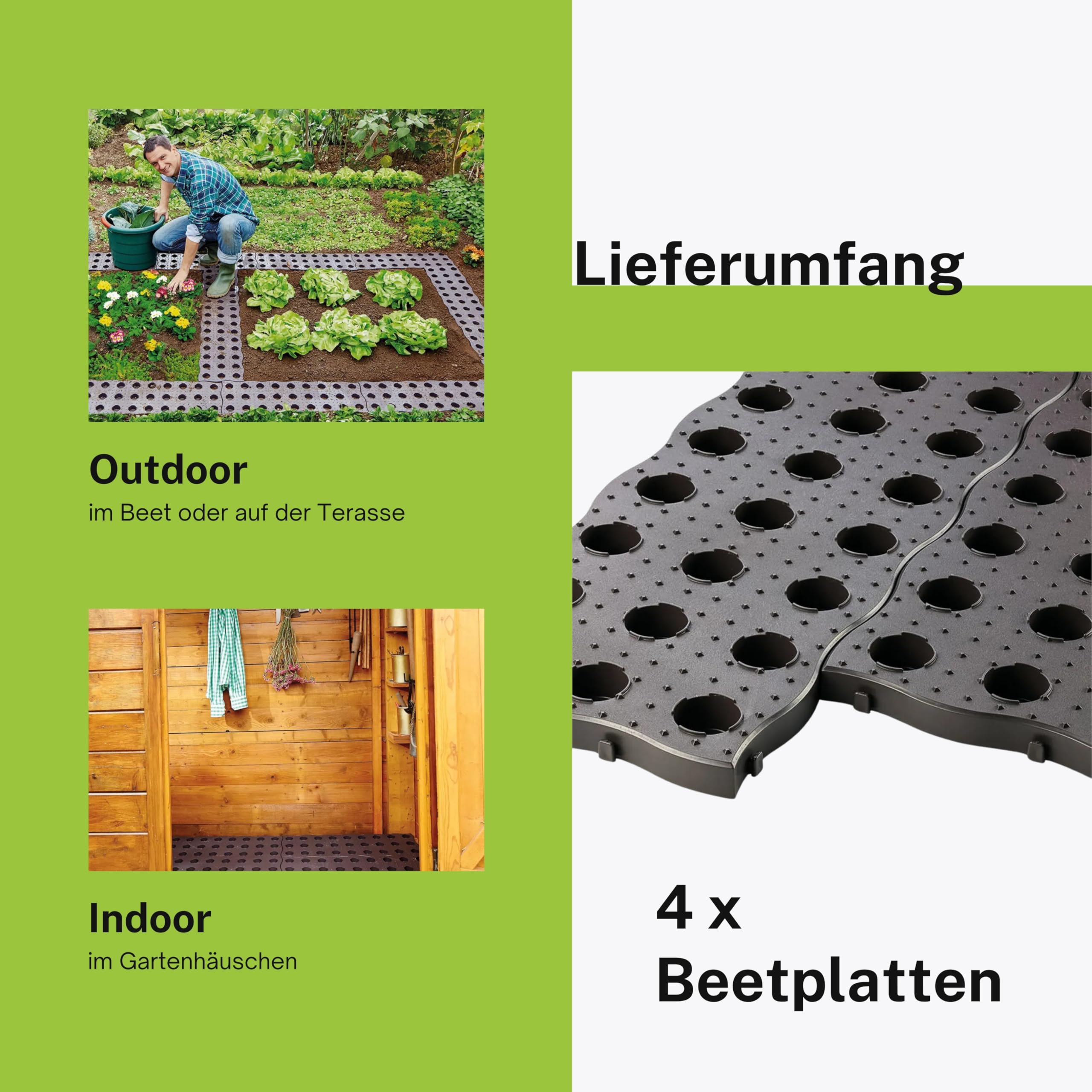 UPP Beetplatten, Gartenplatten Maxi 4 Stück- rutschfest, Trittsicher, Wetterfest - Modular erweiterbar mit einfachem Klicksystem, flexibel einsetzbar im Beet, Gewächshaus - 70x24x2,5 cm