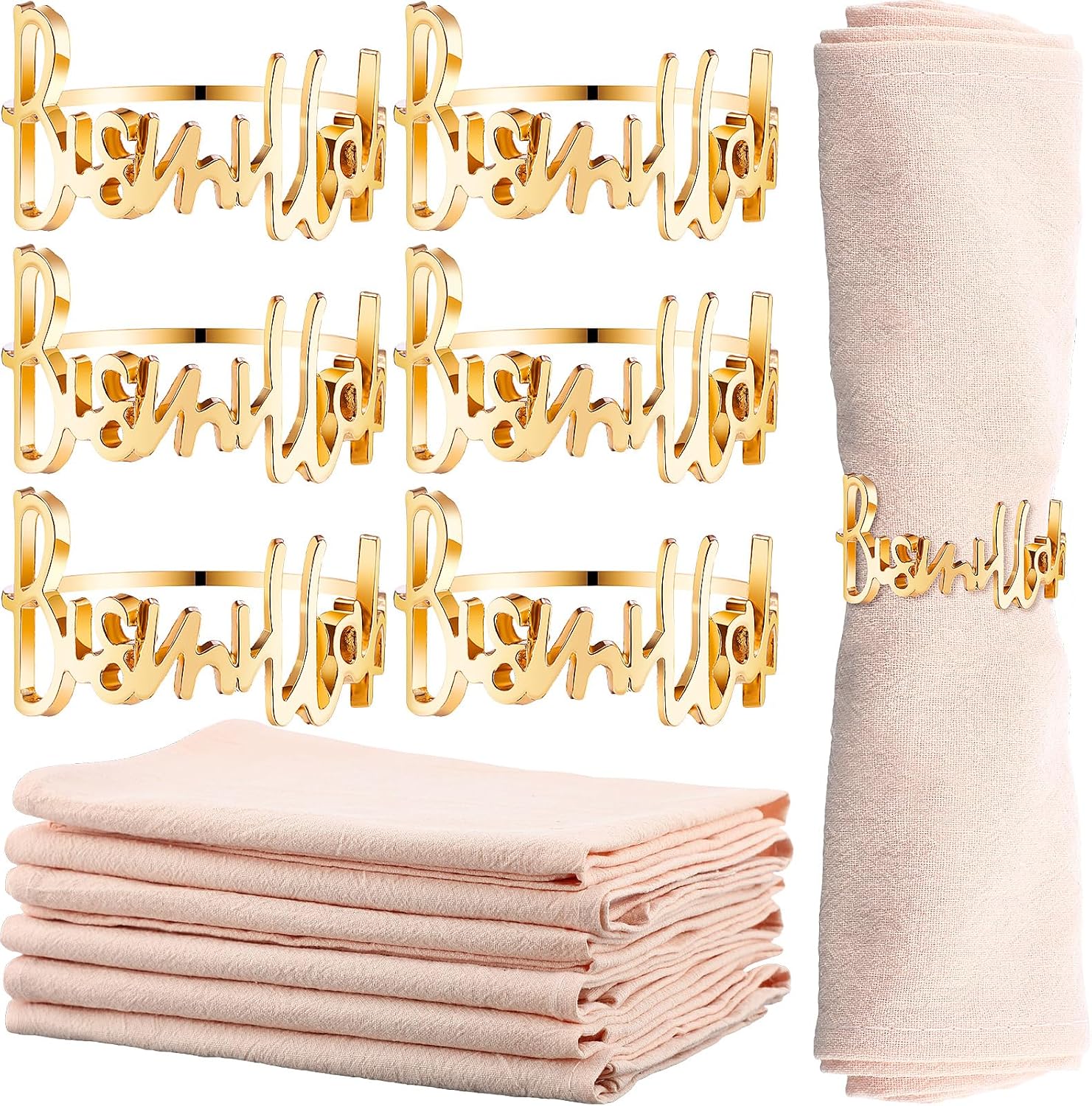 24 6 Set Eid Gold Napkin Rings and Cotton Napkins Bismillah Letter Metal Napkin Buckles Eid Dinner Cloth Napkins Muslim Table Decoration for Ramadan Party Islamic Holiday (Gold)