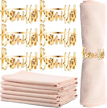 12 6 Set Gold Napkin Rings and Cotton Napkins Bismillah Letter Metal Napkin Buckles Dinner Cloth Napkins Muslim Table Decoration for Ramadan Party Islamic Holiday Beige