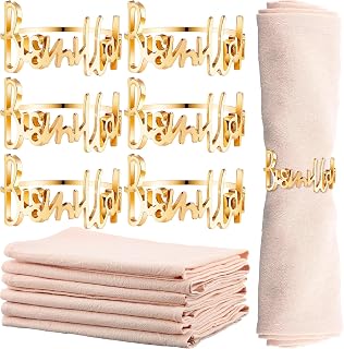 6 Set Eid Gold Napkin Rings and Cotton Napkins Bismillah Letter Metal Napkin Buckles Eid Dinner Cloth Napkins Muslim Table Decoration for Ramadan Party Islamic Holiday Wedding(Beige)