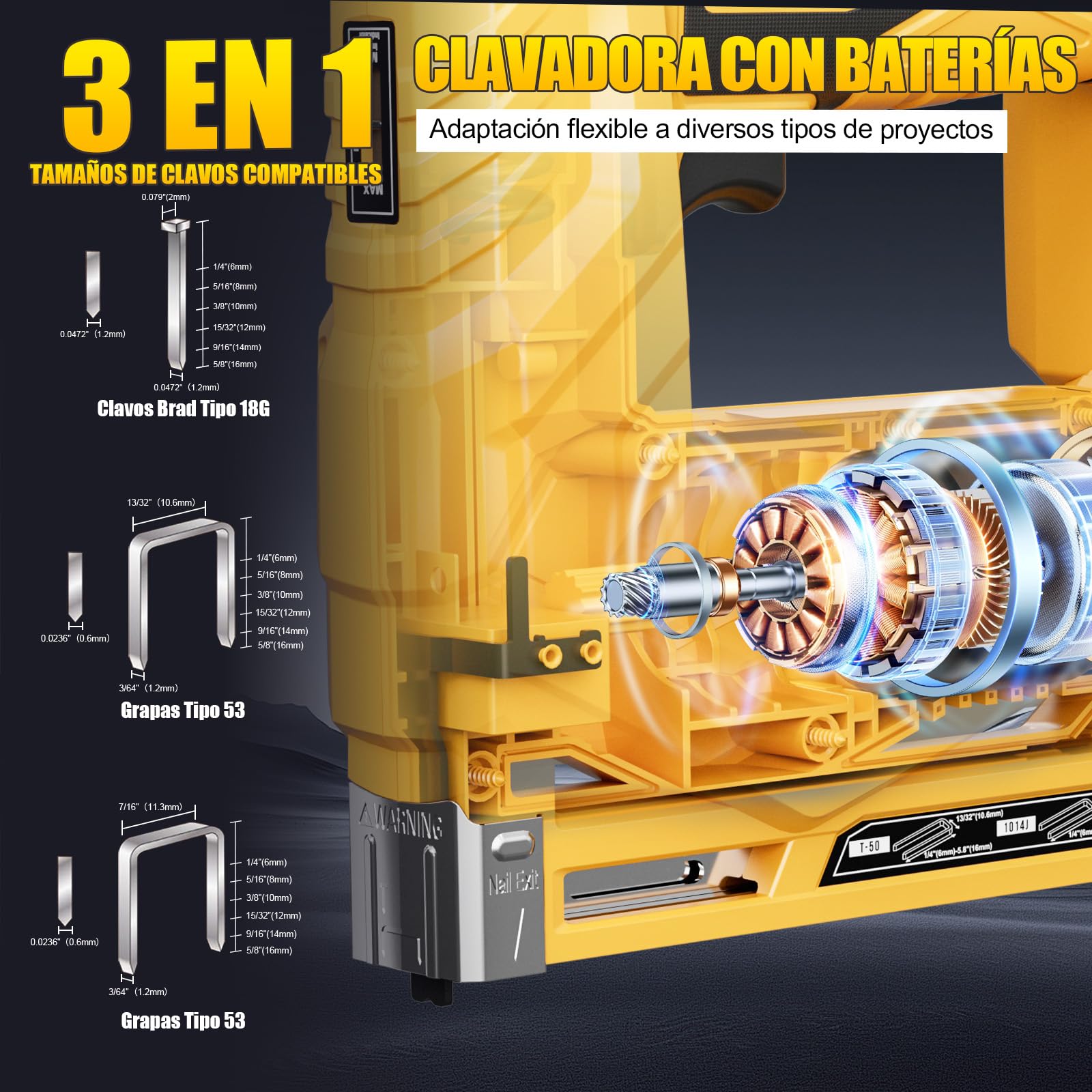 3-In-1 Clavadora Electrica de Clavos - Pistola de Clavos Bateria 21V con 2 x 2.0Ah Baterías, con 1000 Clavos Rectos 18GA, 1000 Grapas en U Tipo 140 y 1000 Grapas en U Tipo 53 para Carpintería