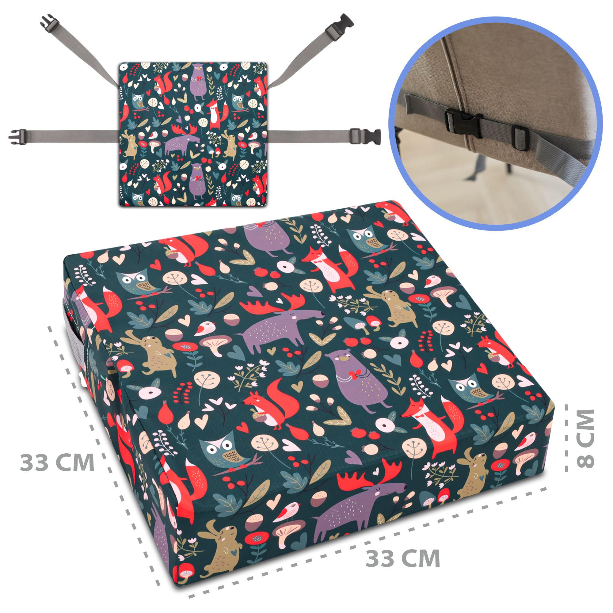 Fotel podwyższający Krzesło dziecięce 33x33x8 cm - Poduszka na krzesło dziecięce Fotelik dziecięcy Poduszka podwyższająca Poduszka siedziska Poduszka na krzesło leśne zwierzęta