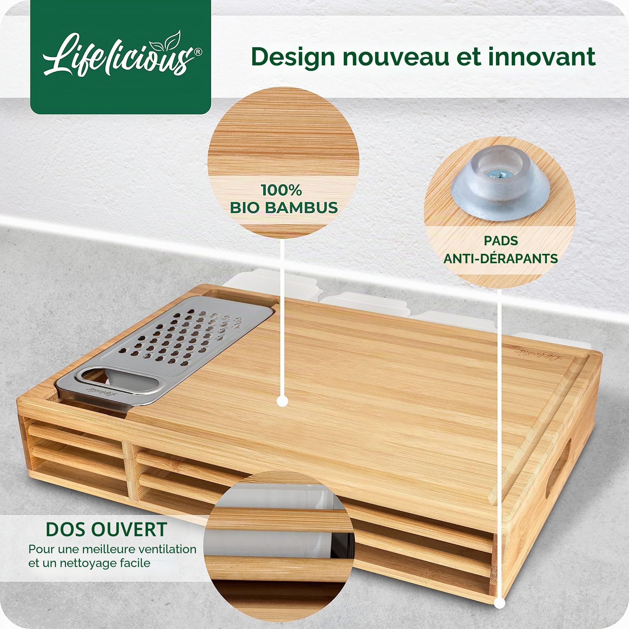 Planche à découper de qualité supérieure avec bac récupérateur [avec râpe en acier inoxydable] Bols en plastique lavables au lave-vaisselle - Grande planche de cuisine