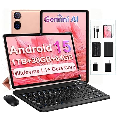 Tablet, 2025 Android 15 Tablet with Gemini AI, 10.1 Inch FHD Display, 30GB RAM 64GB ROM /1TB TF, 6000mAh Battery, Octa-Core 2.0GHz, Widevine L1, 2 in 1 Tablets with Keyboard Mouse(Gold)