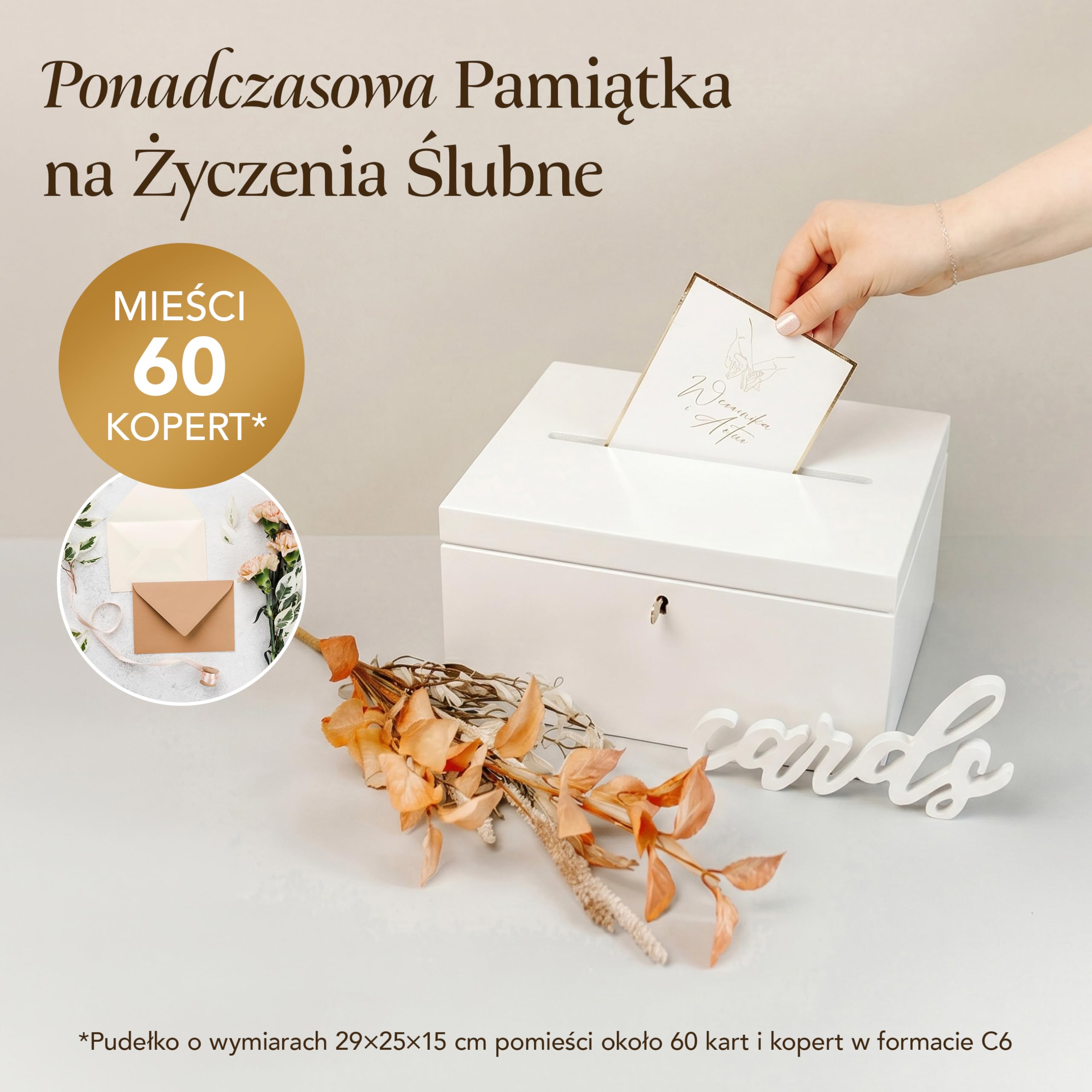 Creative Deco Pudełko Drewniane na Koperty Ślubne Białe | 29 x 25 x 15 cm | Niemalowane Drewno | z Pokrywą i Kluczykiem | Skrzynka na Specjalne Okazje, Urodziny, Ślub do Dekoracji
